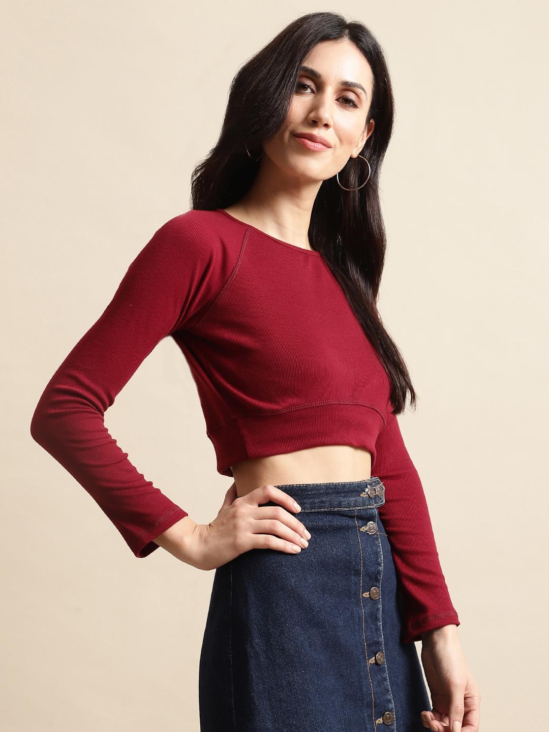 Ribbed Crop Top – Maroon | Long Sleeve