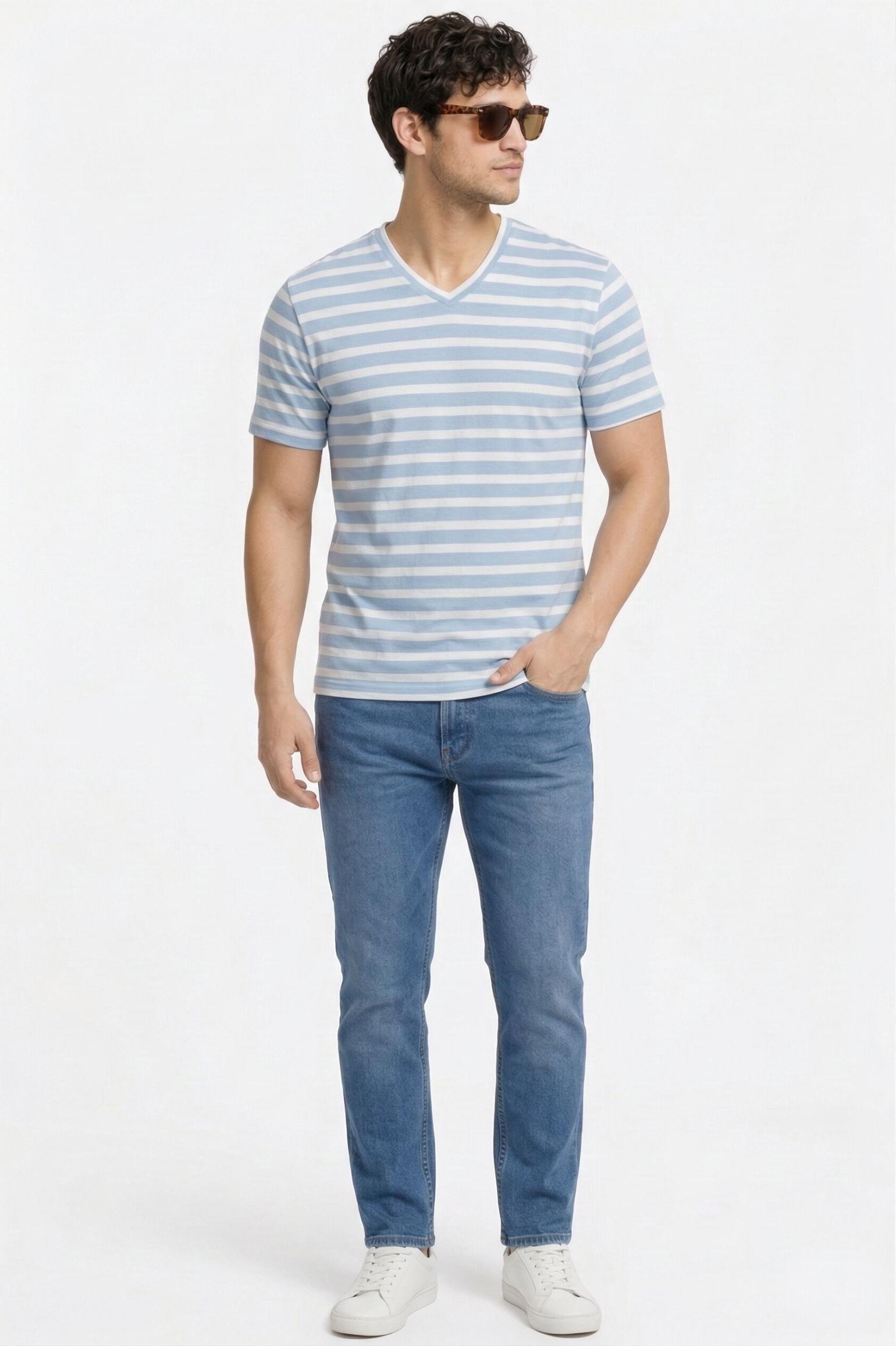 Men's Pure Cotton Striped V-Neck T-Shirt – Sky Blue & White