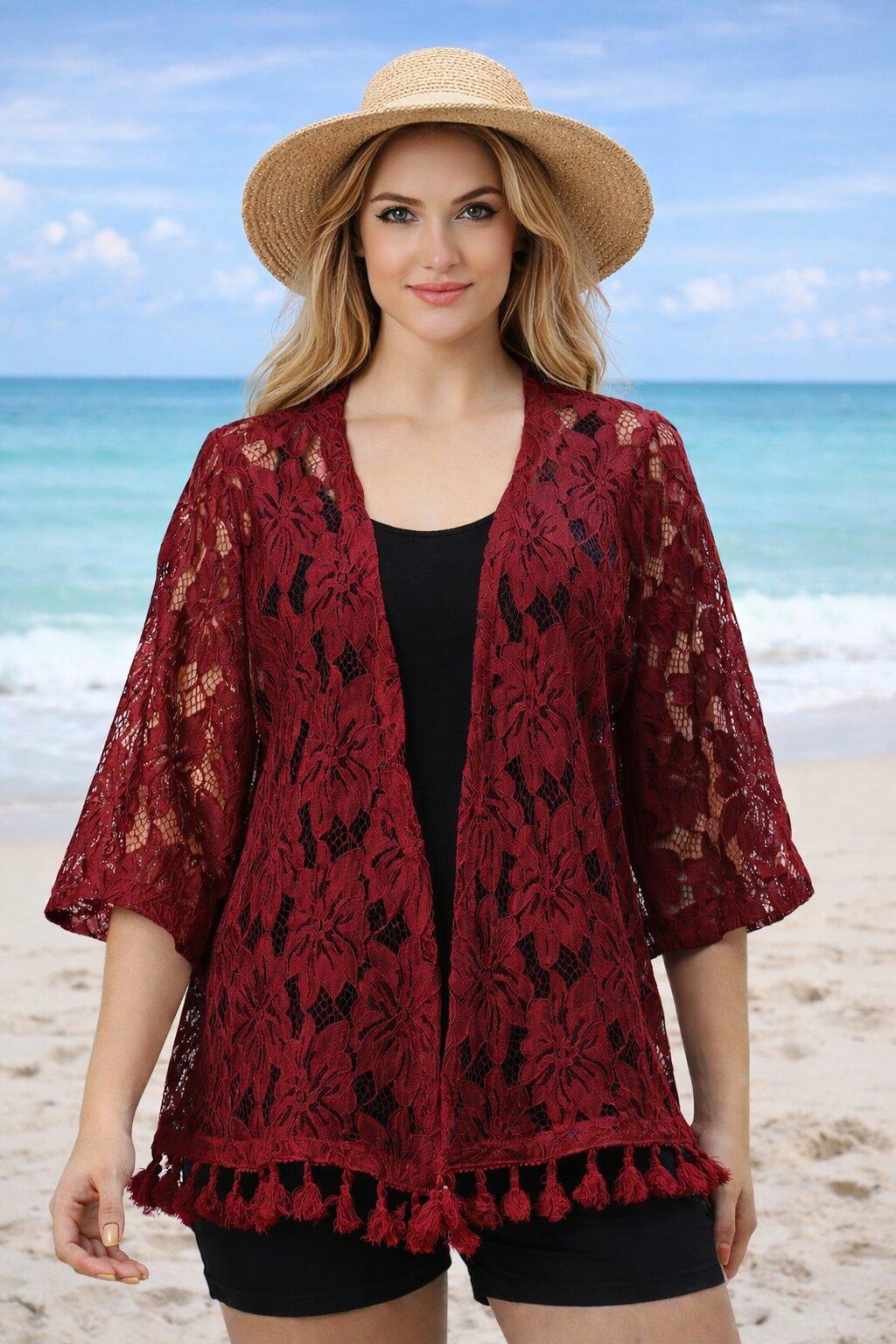 Maroon Lace Tassel Shrug