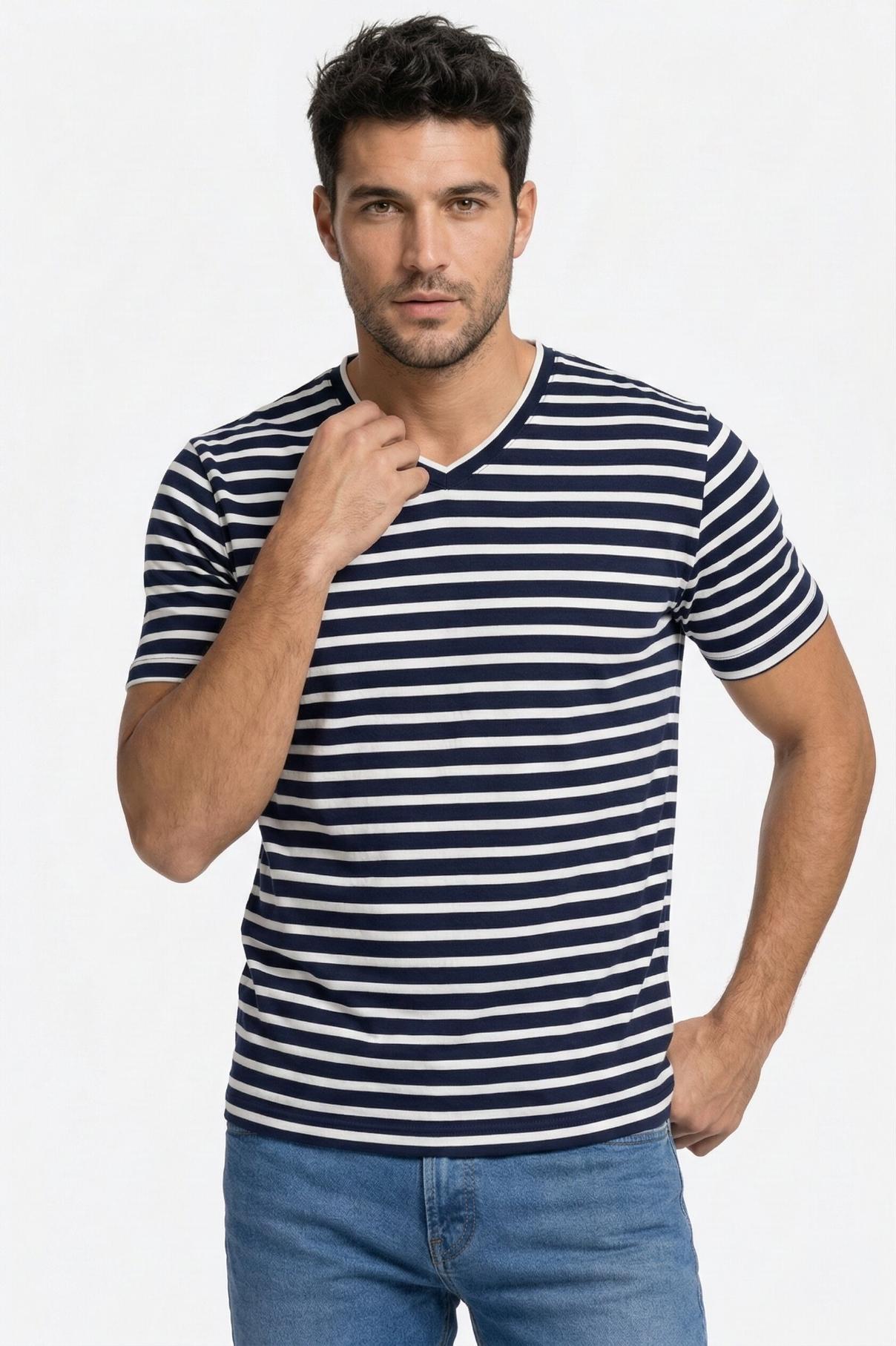 Men's Pure Cotton Striped V-Neck T-Shirt – Navy & White