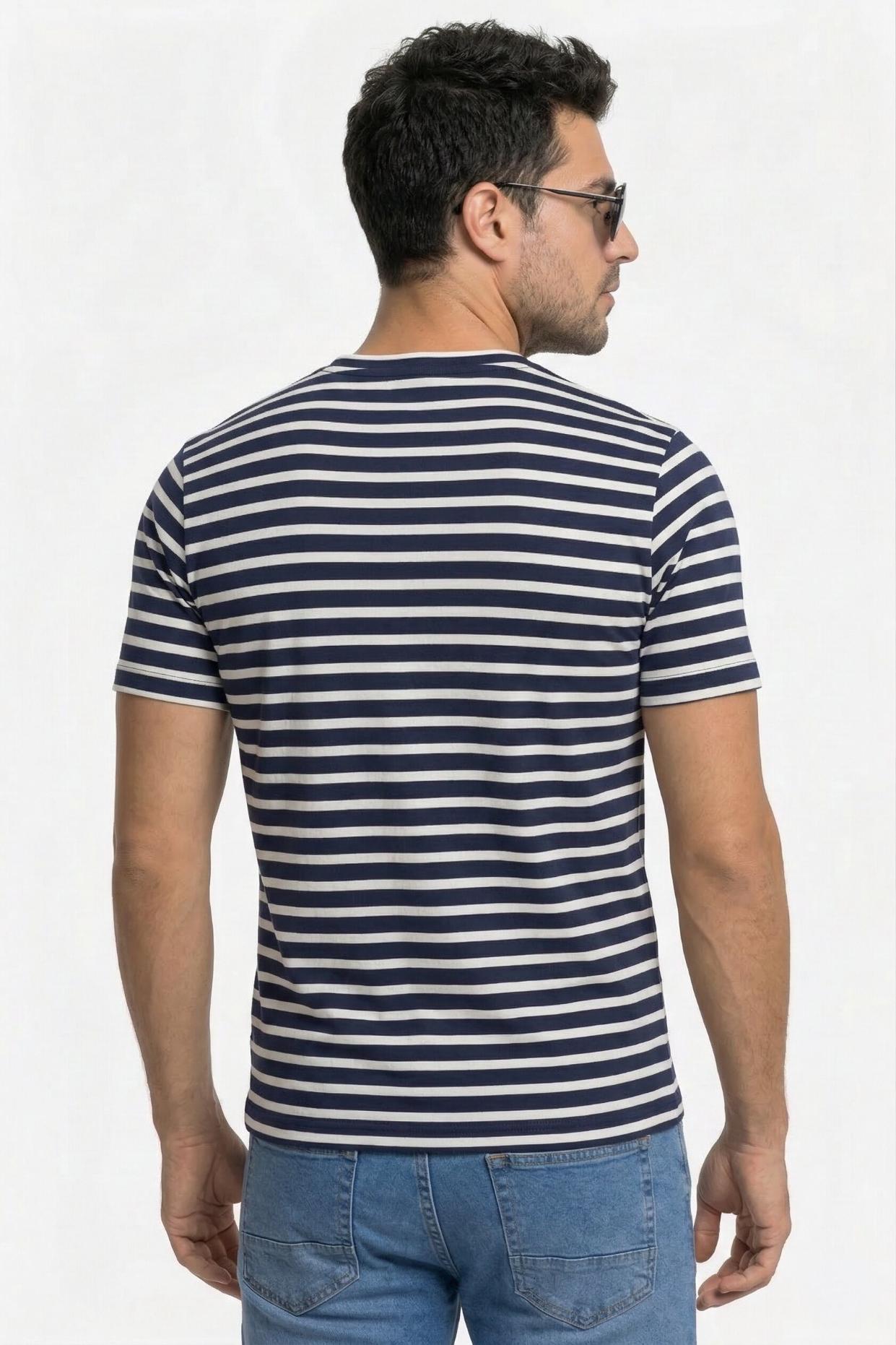 Men's Pure Cotton Striped V-Neck T-Shirt – Navy & White