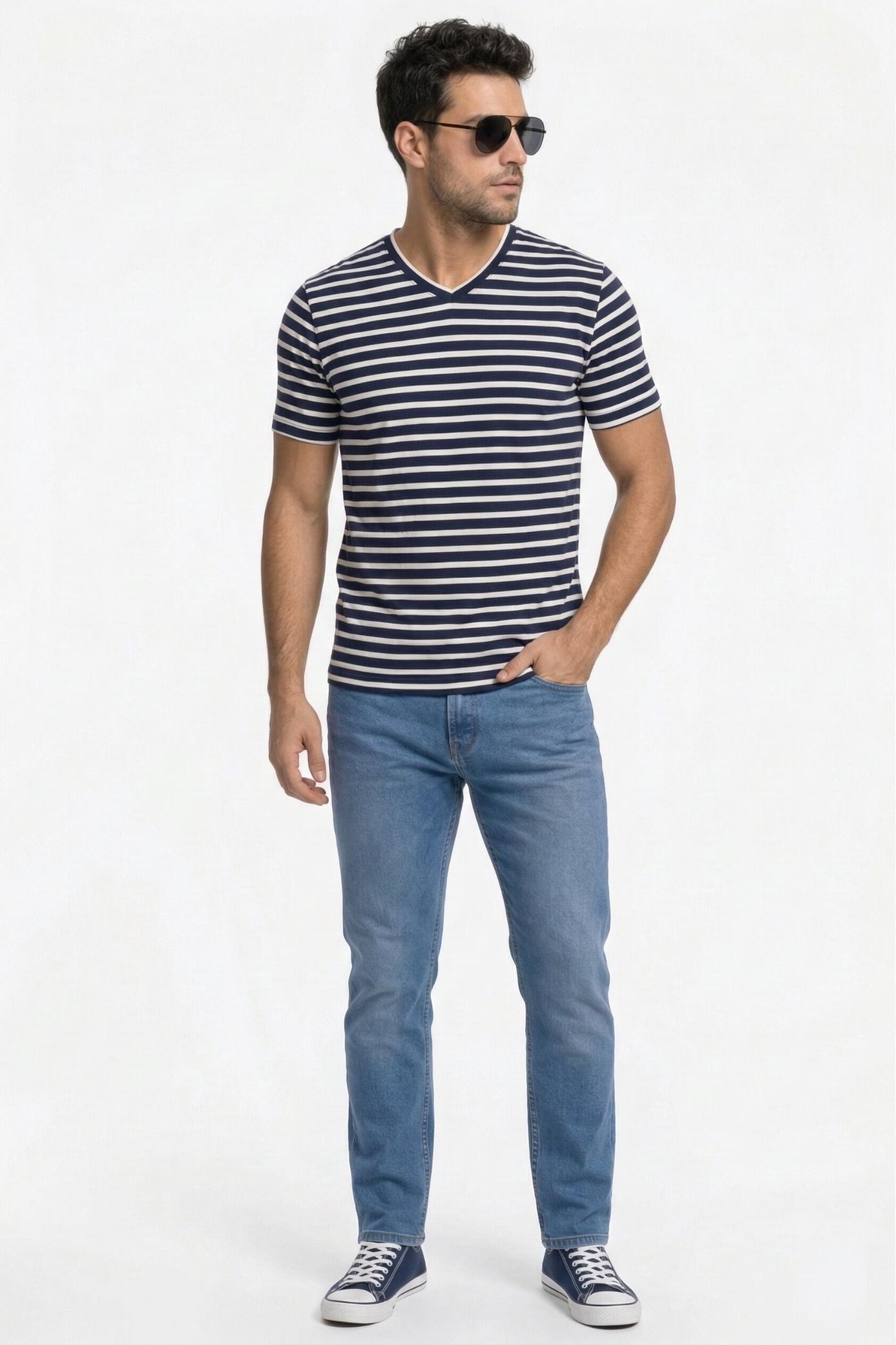 Men's Pure Cotton Striped V-Neck T-Shirt – Navy & White
