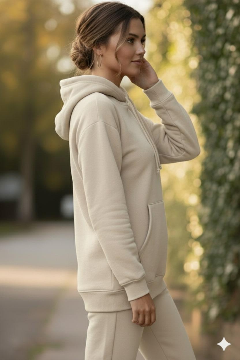 Cotton Fleece Oversized Hoodie – Beige