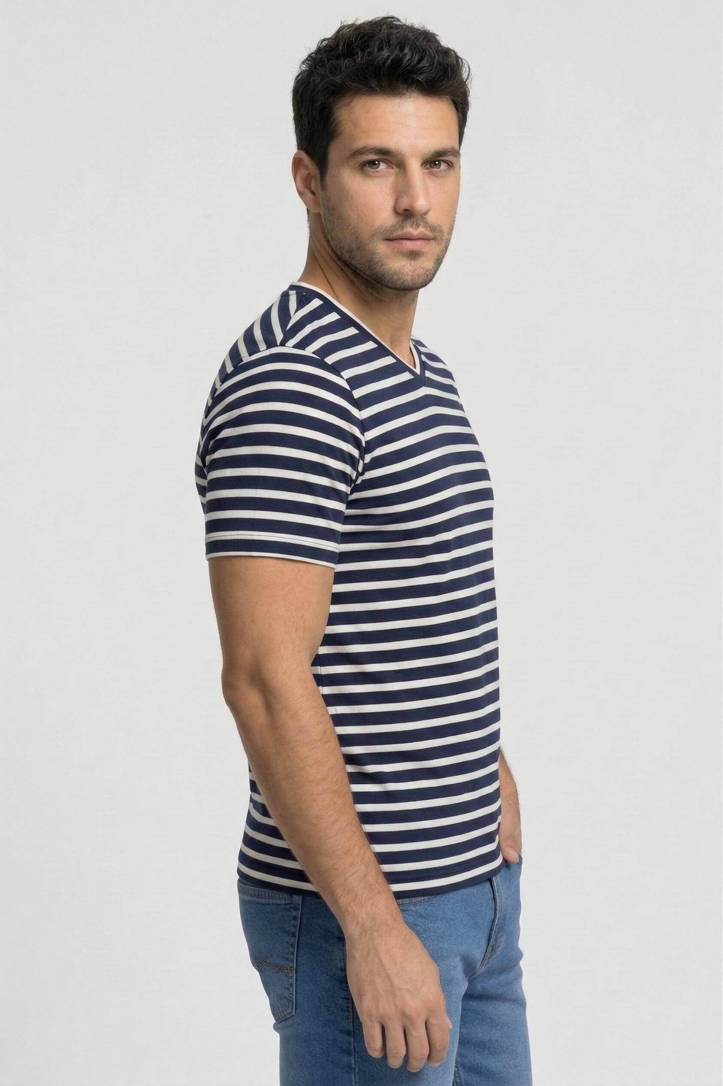 Men's Pure Cotton Striped V-Neck T-Shirt – Navy & White