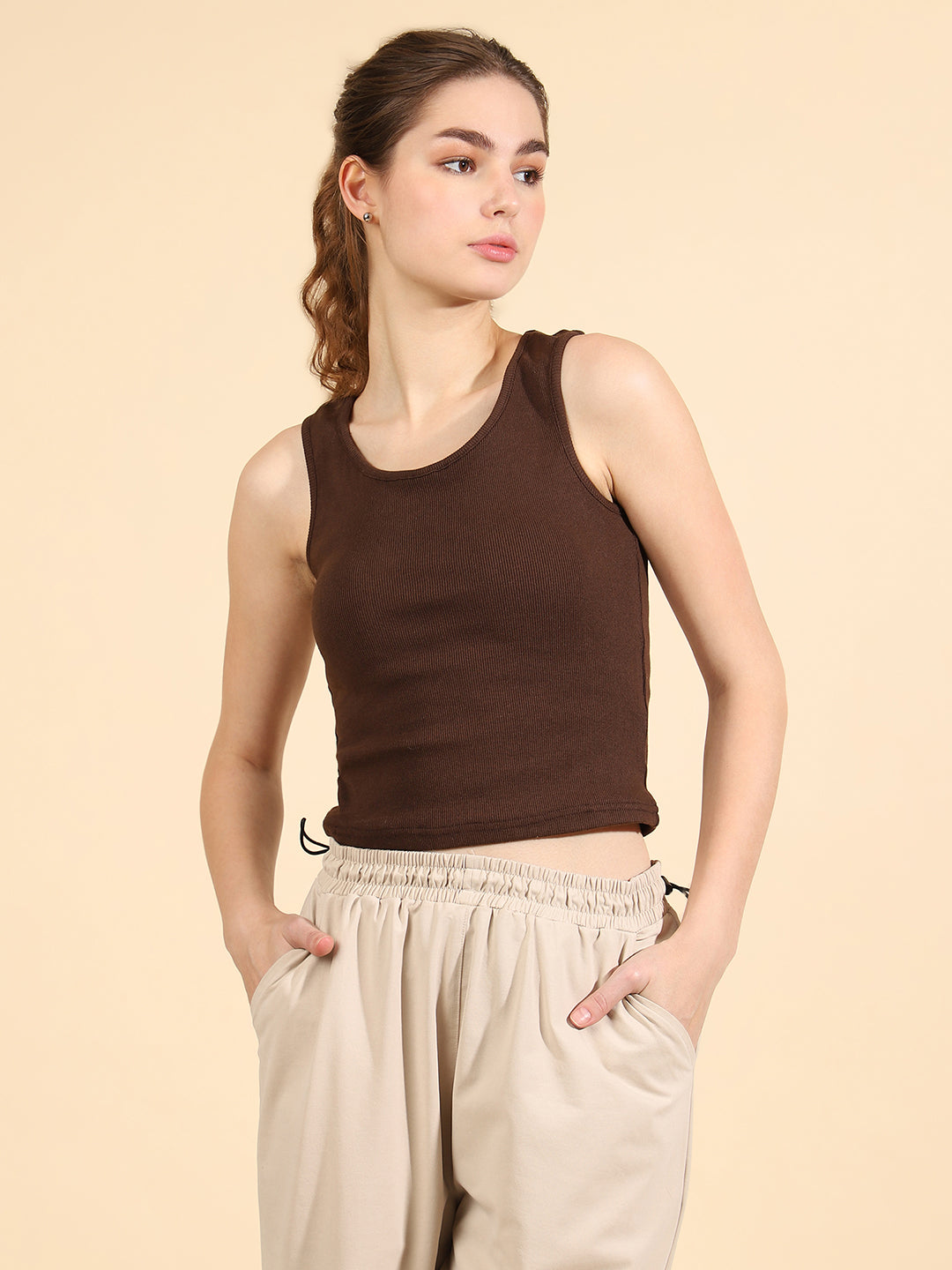 Unaone Women Brown Coffee Cotton Ribbed Sleeveless Vest Tank Top
