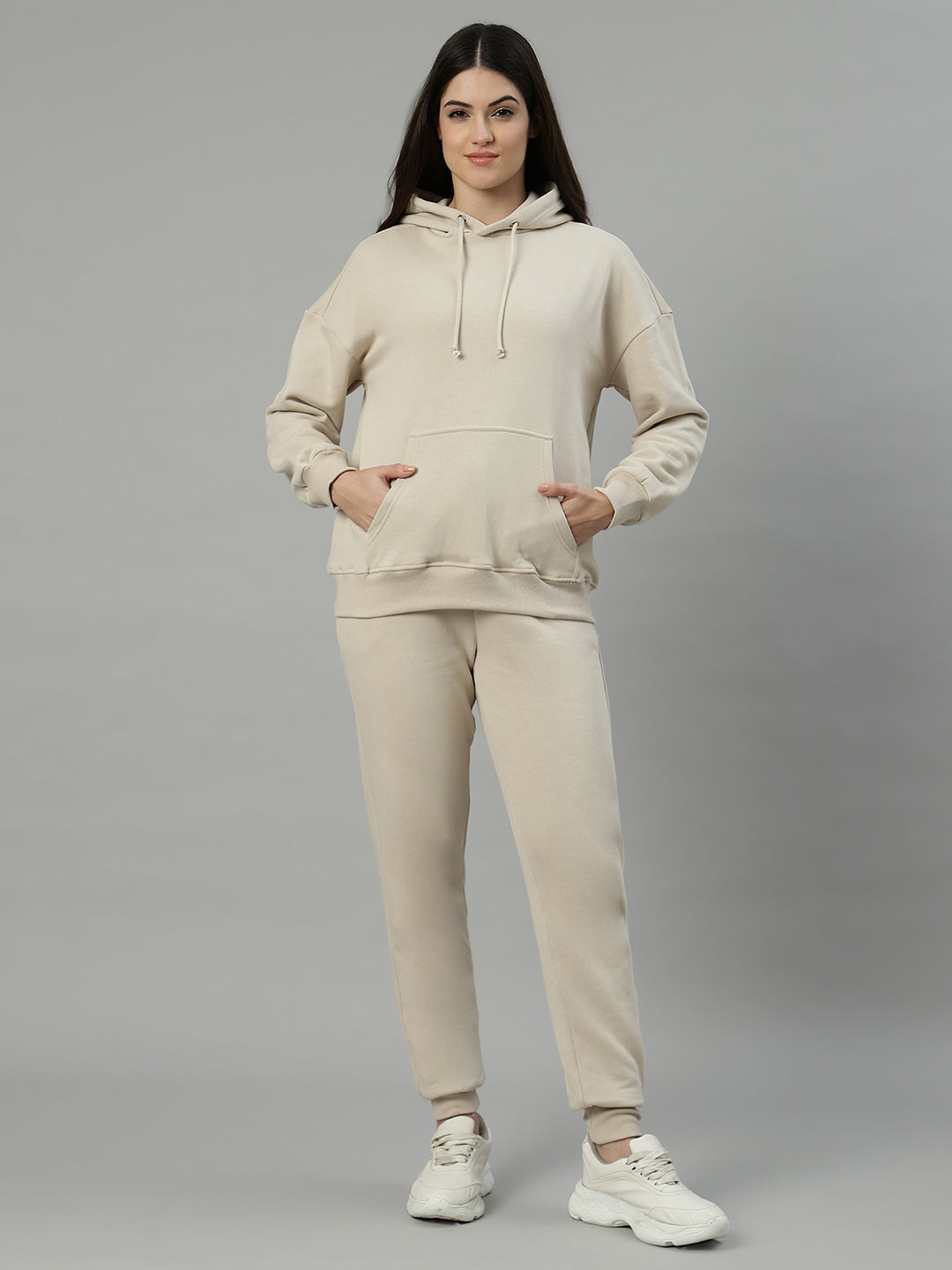Unaone Women Beige Cotton Fleece Winter Wear Tracksuit