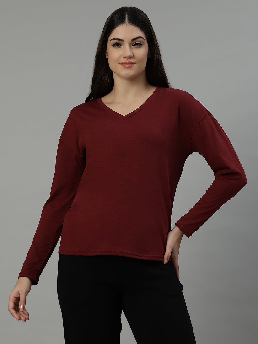 UnaOne Maroon V-Neck Drop-Shoulder Sleeves Pure Cotton T-shirt for Women