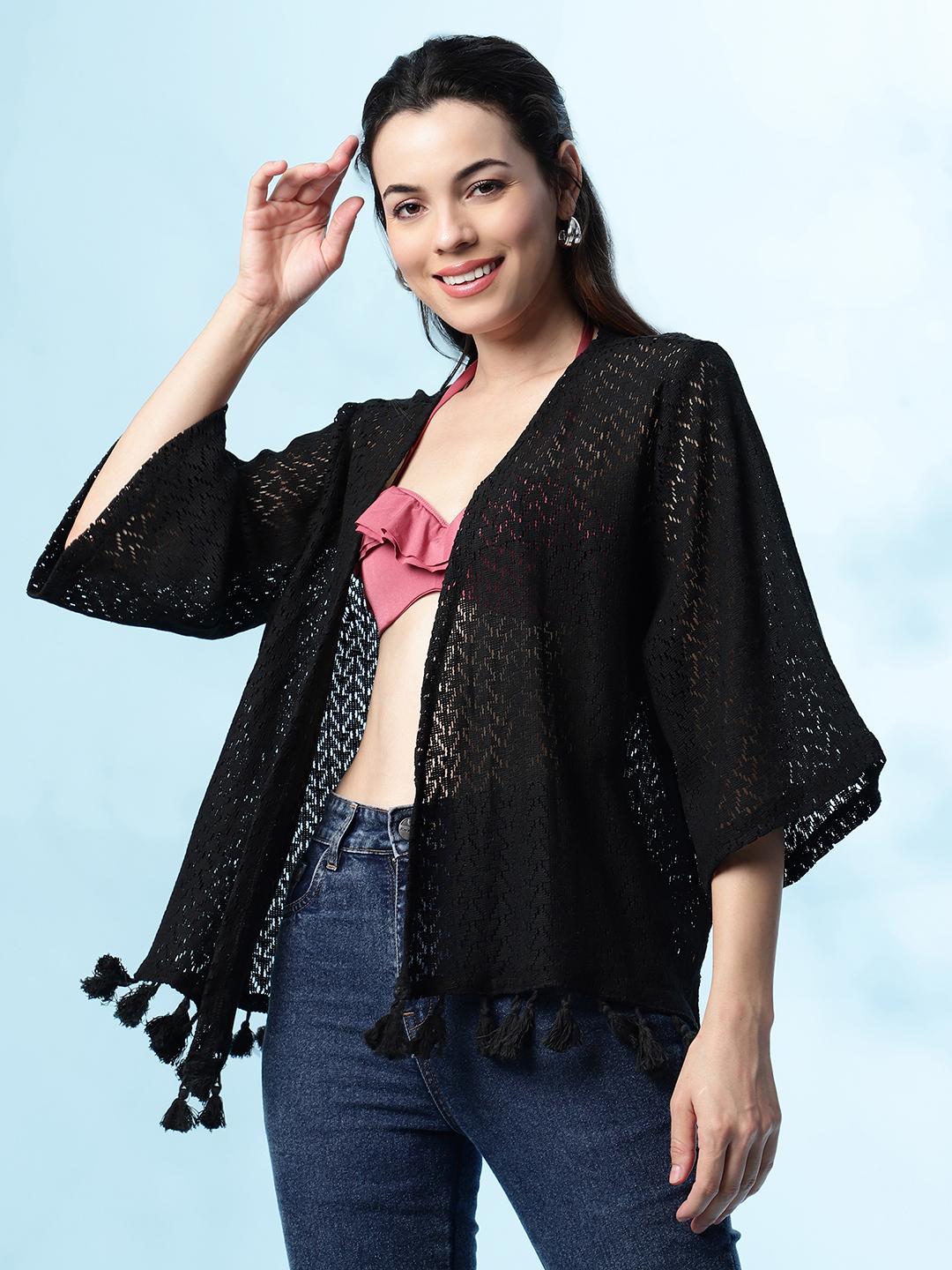 Black Crochet Tassel Shrug