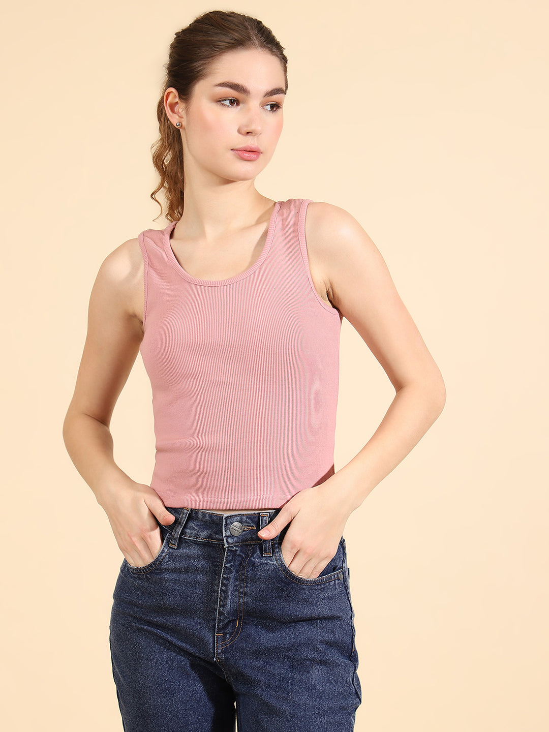 Unaone Women Purple Cotton Ribbed Sleeveless Fitted Vest Tank Top