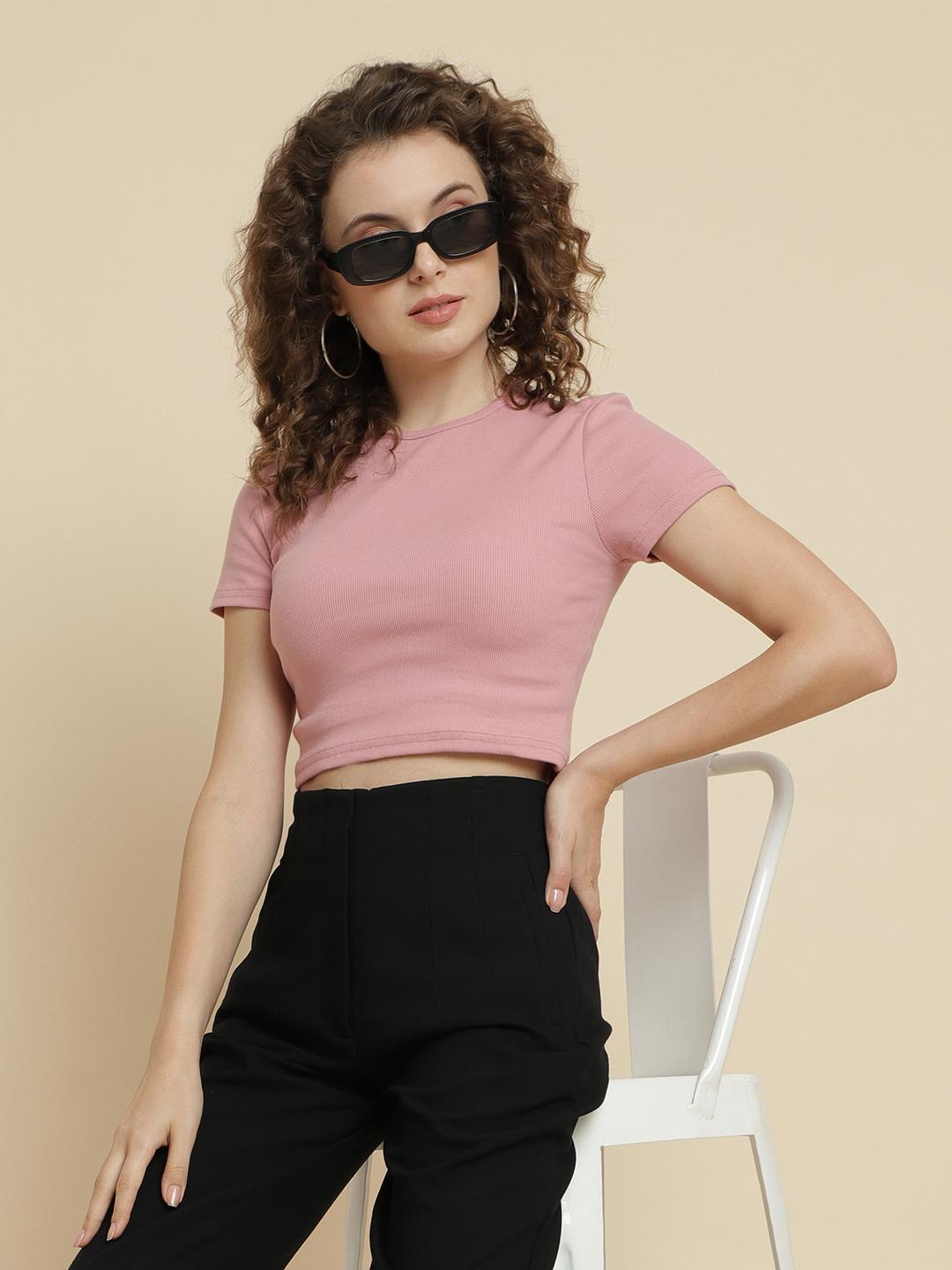 Unaone Women's Ribbed Crop T-Shirt – Dusty Pink