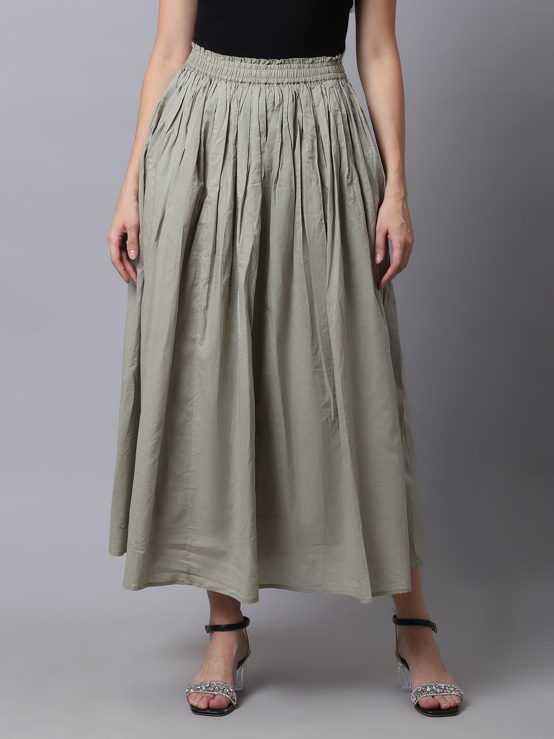 Unaone Women Beige Solid Flared Maxi Skirts With Lining