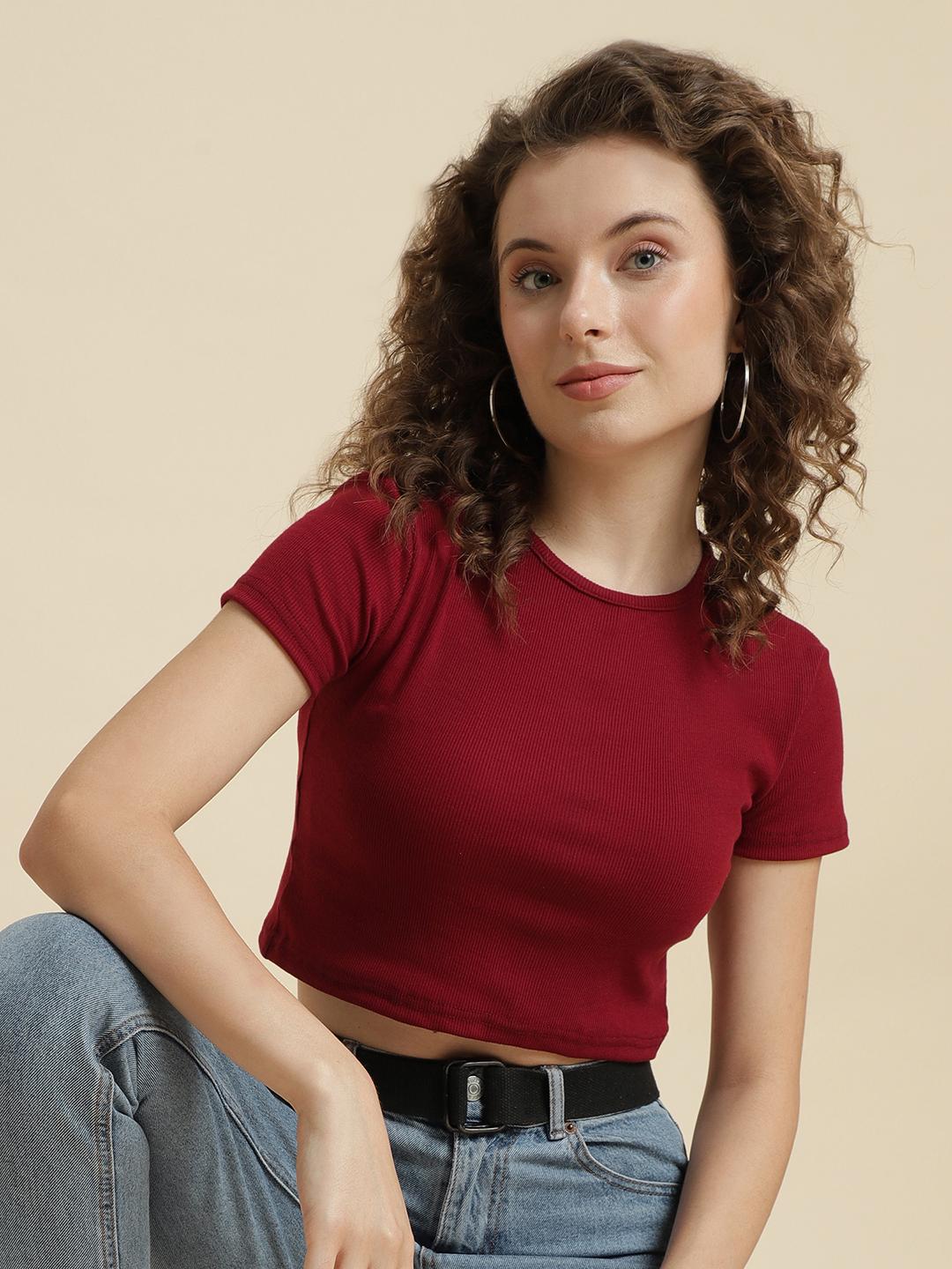 Women's Maroon Ribbed Crop Top