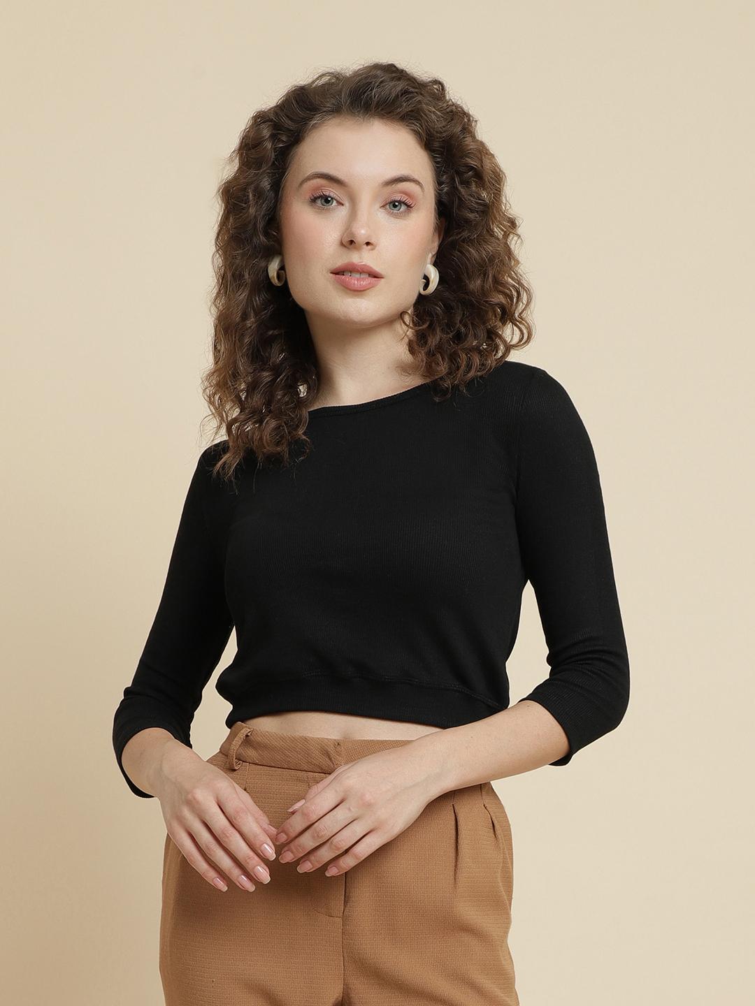 Black Ribbed Crop Top – 3/4 Sleeve