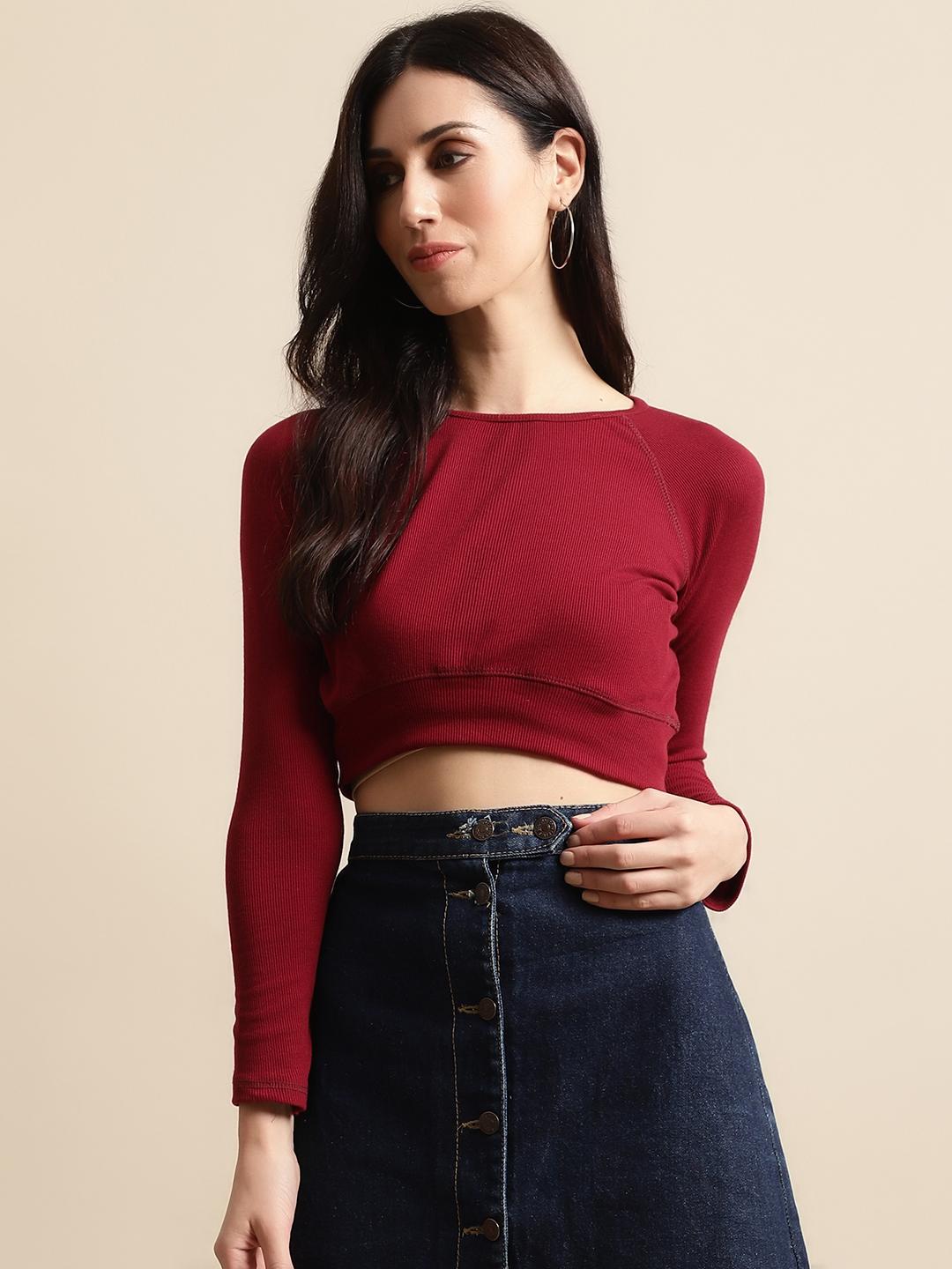 Ribbed Crop Top – Maroon | Long Sleeve