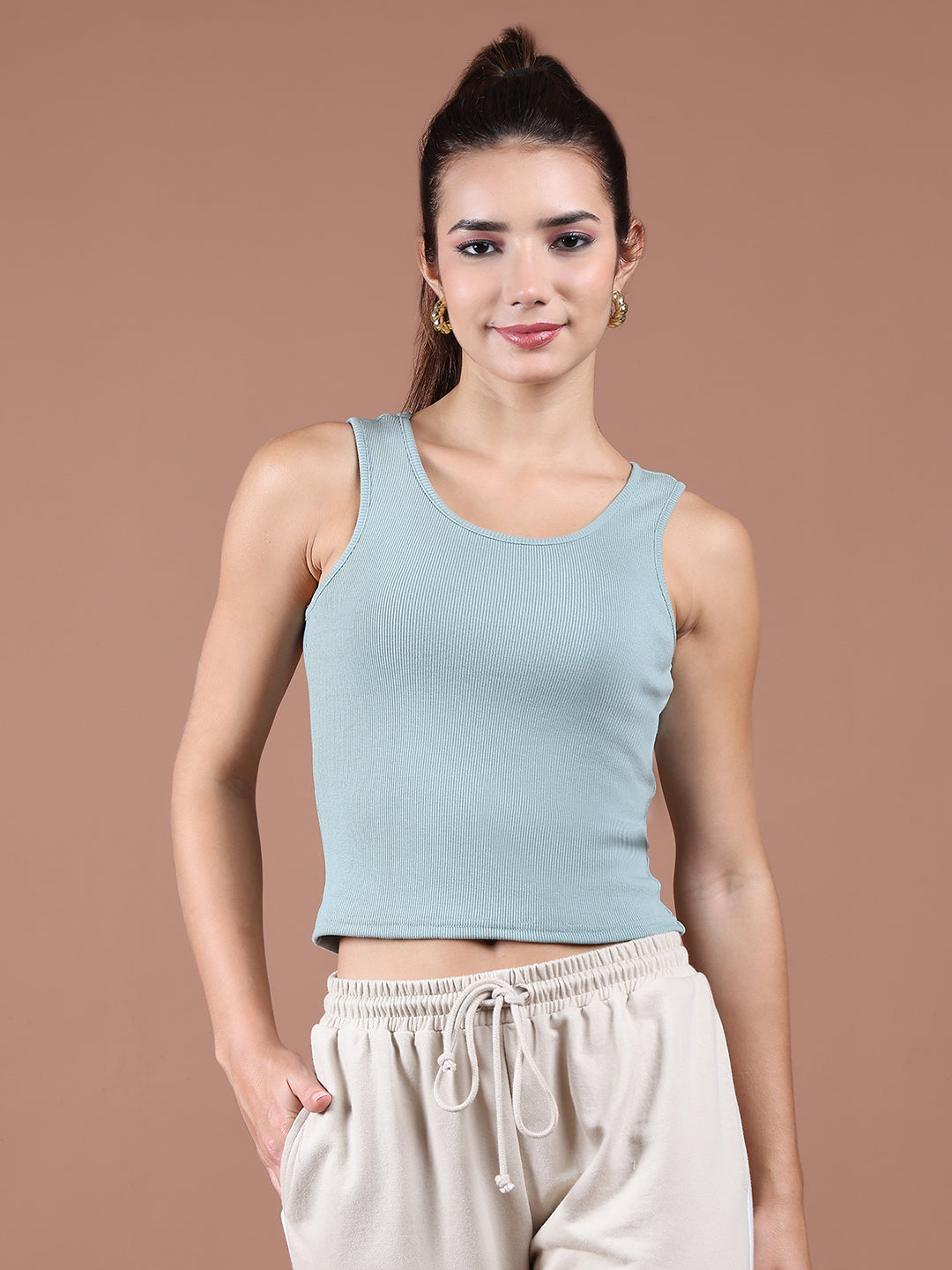 Unaone Women Sea Green Cotton Ribbed Sleeveless Fitted Vest Tank Top