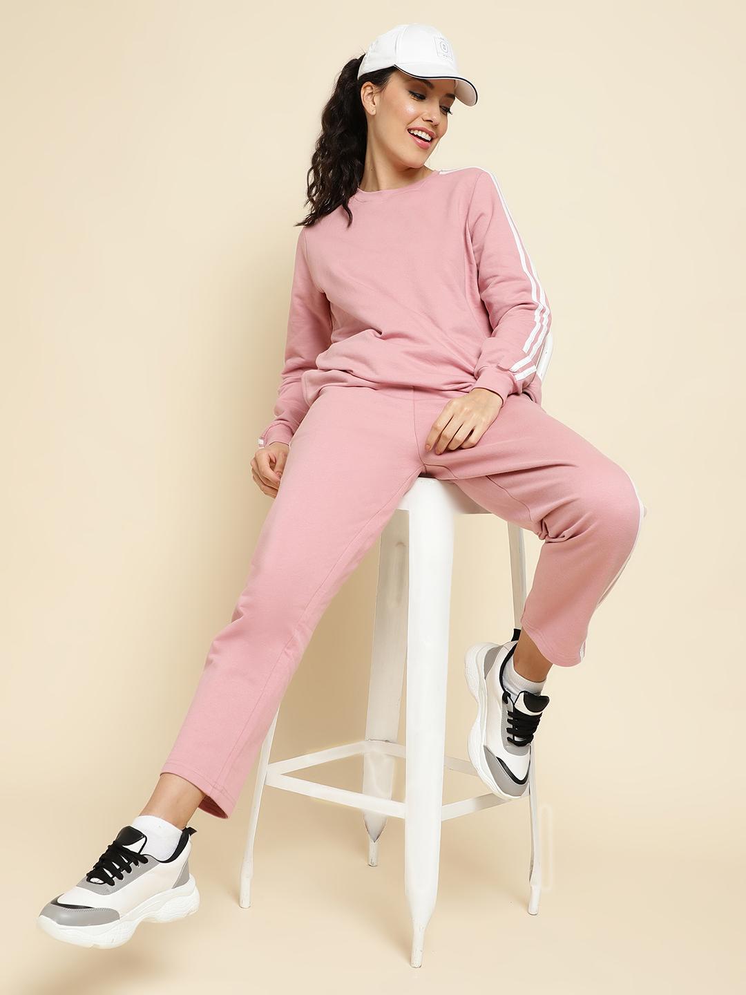 Dusty Pink Terry Cotton Tracksuit Co-ord Set with White Side Stripes