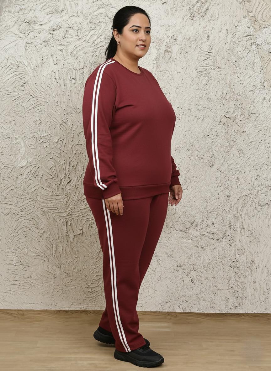 Women's Cotton Terry Tracksuit – Maroon Side Stripe