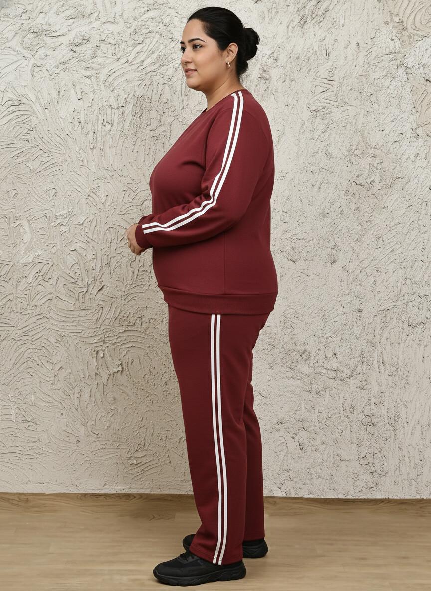 Women's Cotton Terry Tracksuit – Maroon Side Stripe