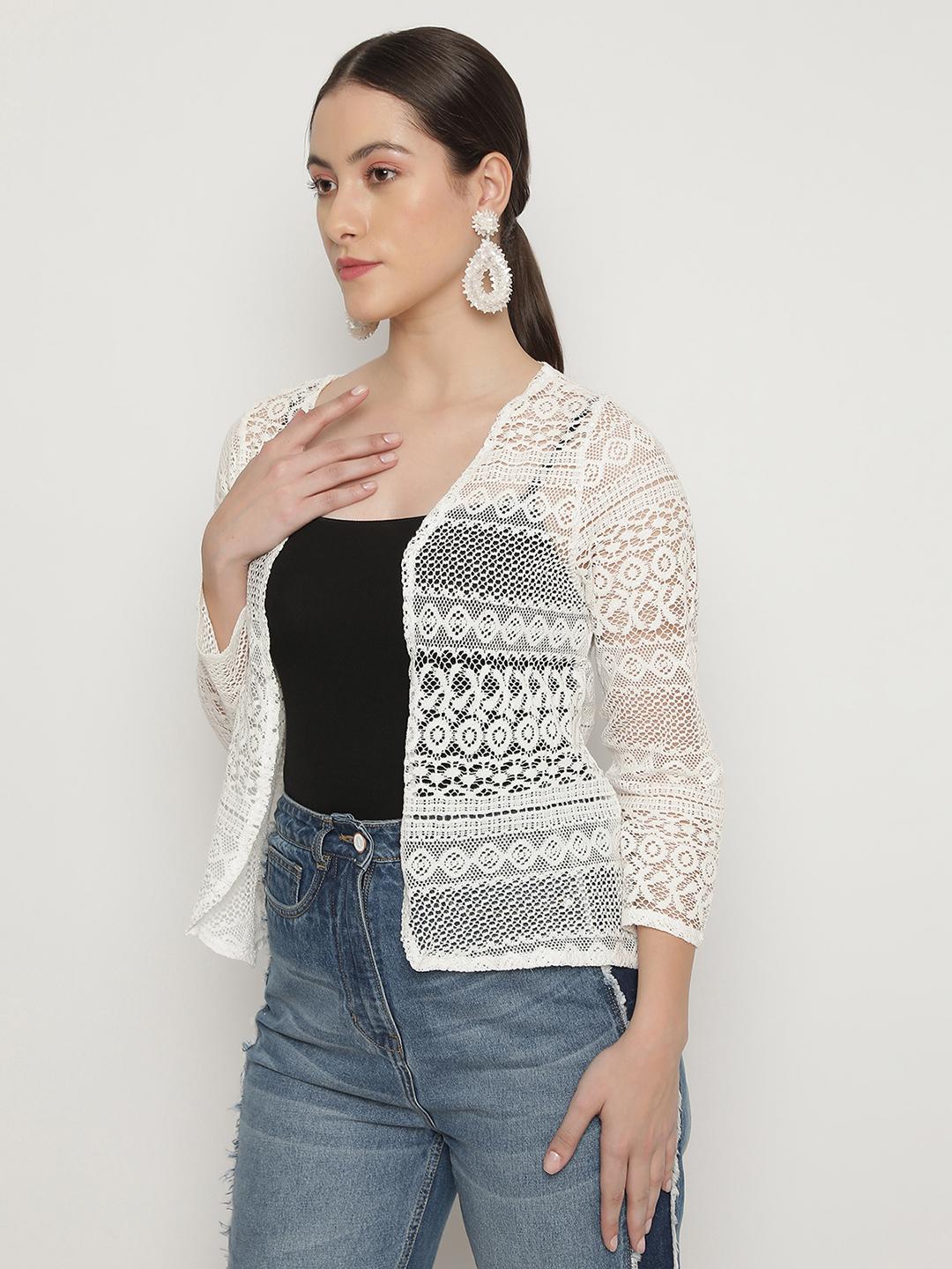 Unaone Women's White Crochet Lace Open-Front Shrug