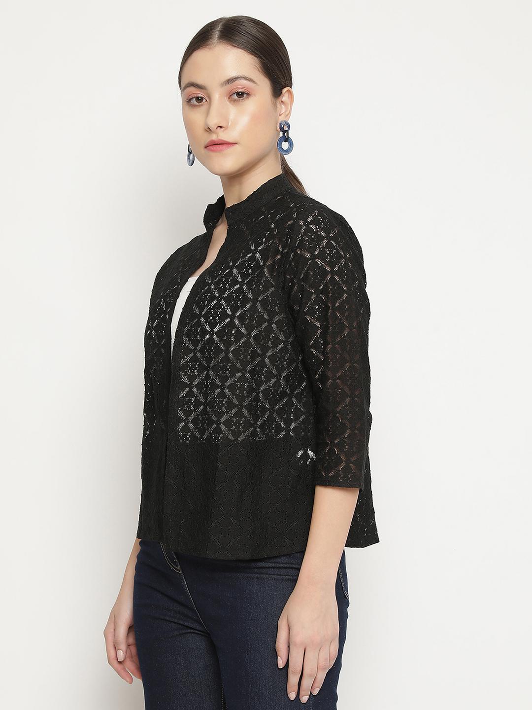 Women's Black Lace Shrug – Open-Front Overlay Coller