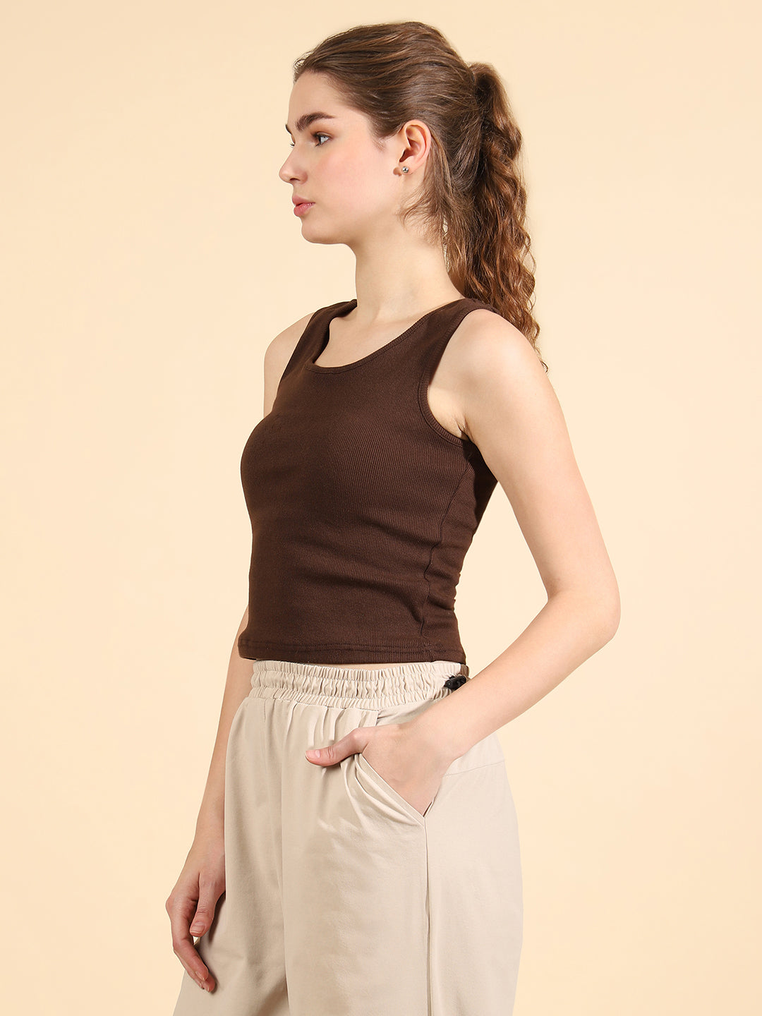 Unaone Women Brown Coffee Cotton Ribbed Sleeveless Vest Tank Top