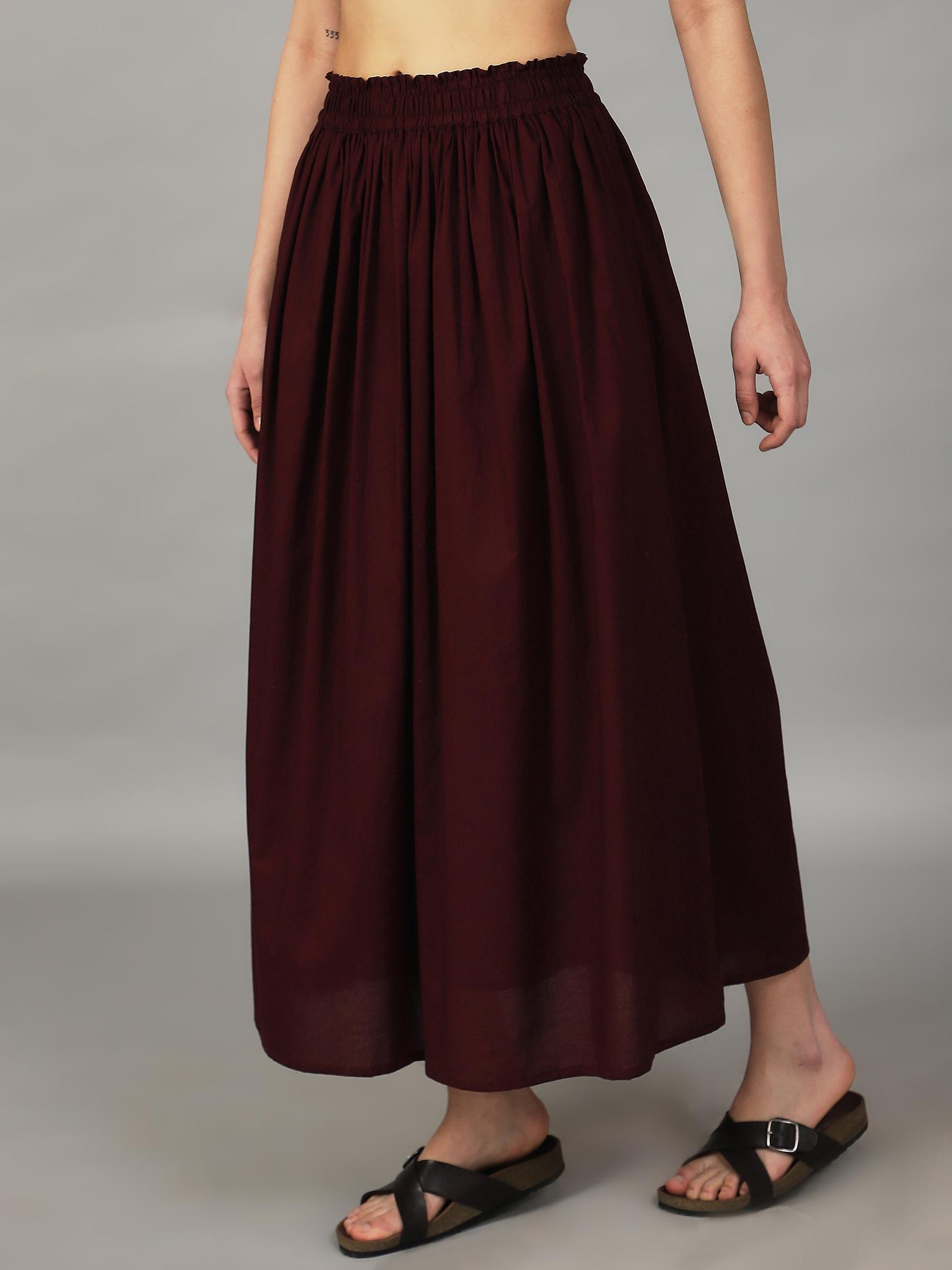 Wine Gathered Maxi Skirt – Smocked Waist Flowy Bottom