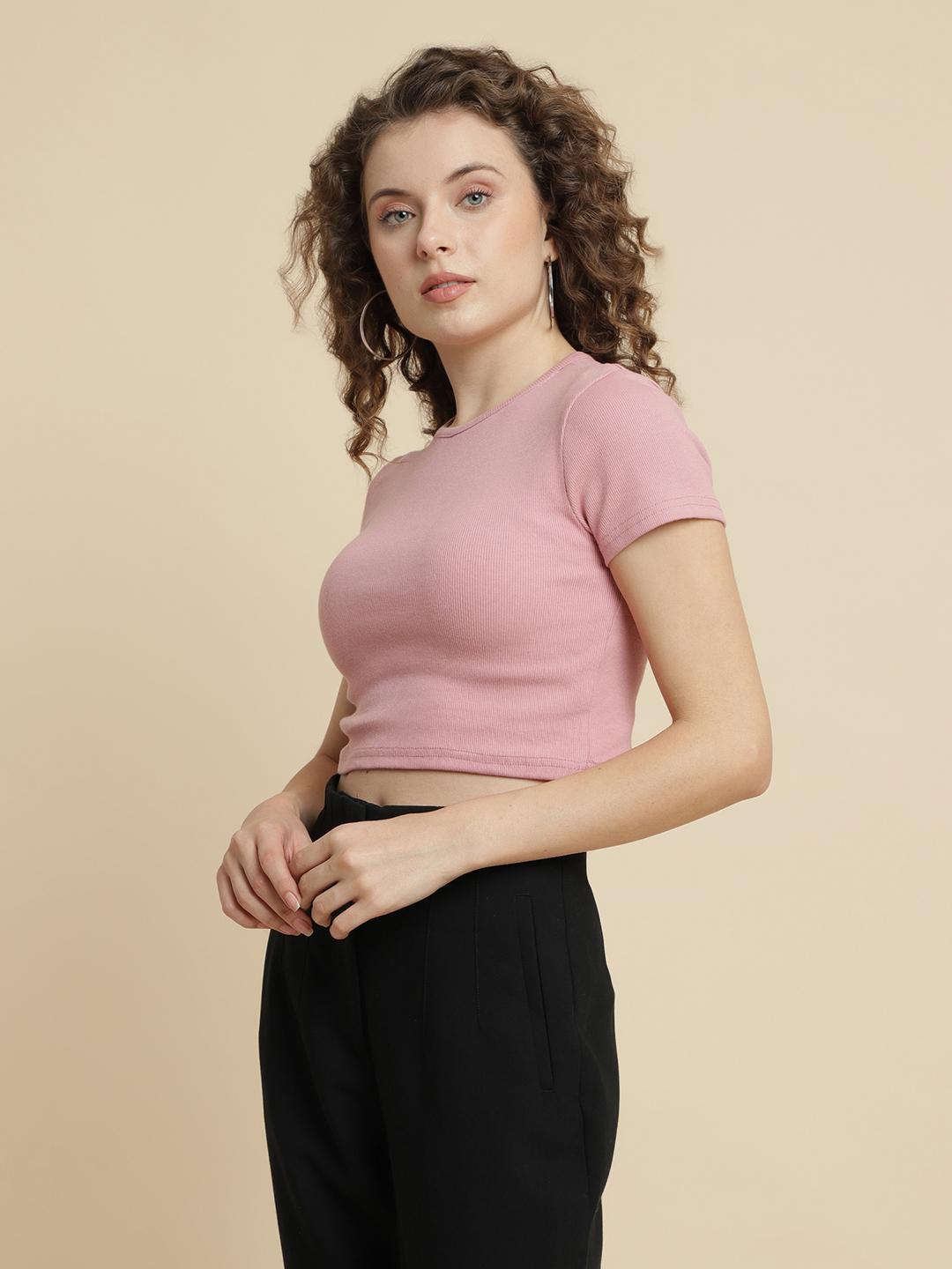 Unaone Women's Ribbed Crop T-Shirt – Dusty Pink