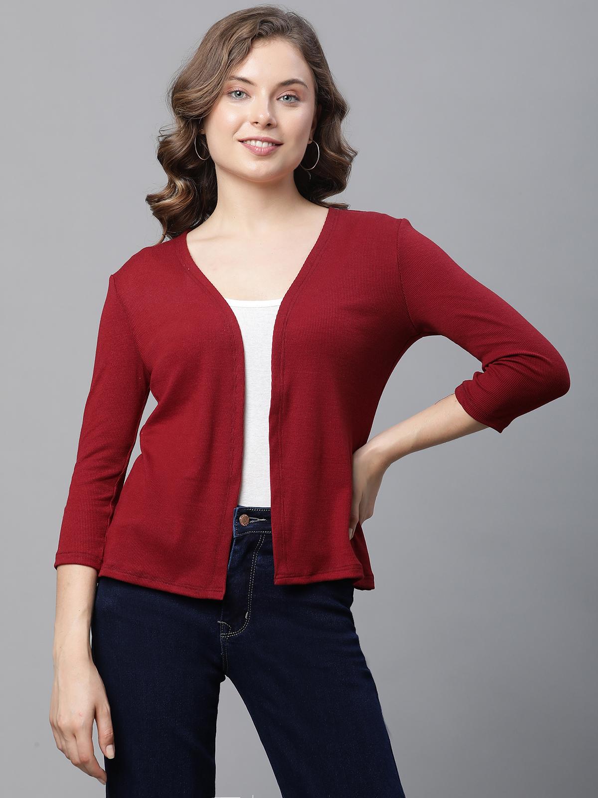 Women's Ribbed Open-Front Shrug – Maroon