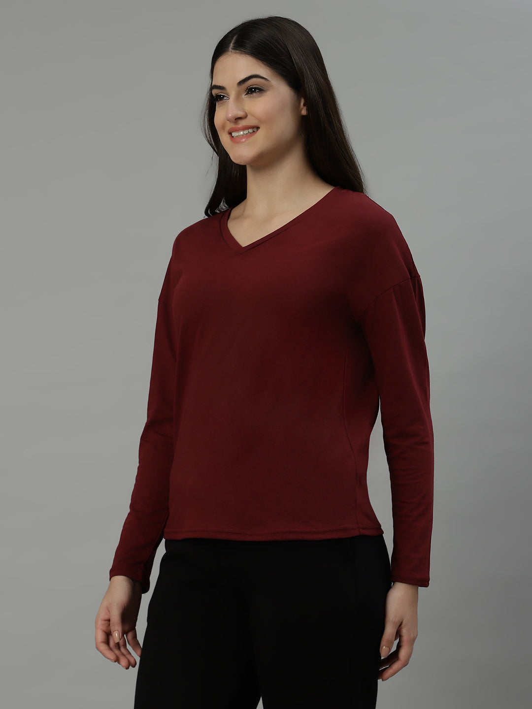 UnaOne Maroon V-Neck Drop-Shoulder Sleeves Pure Cotton T-shirt for Women