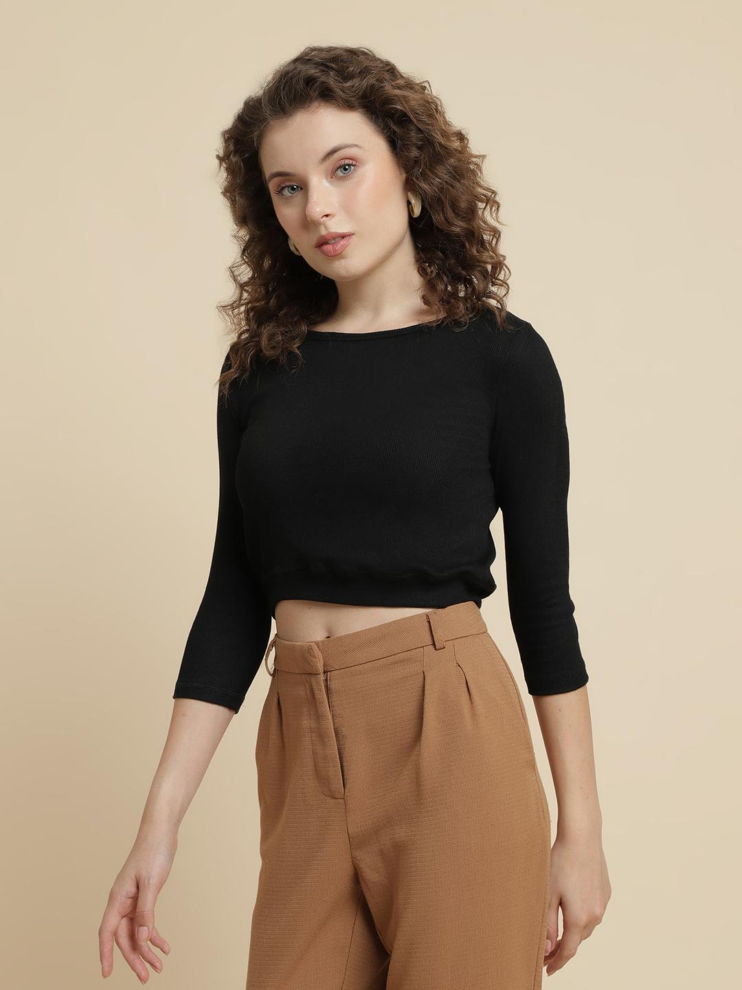Black Ribbed Crop Top – 3/4 Sleeve