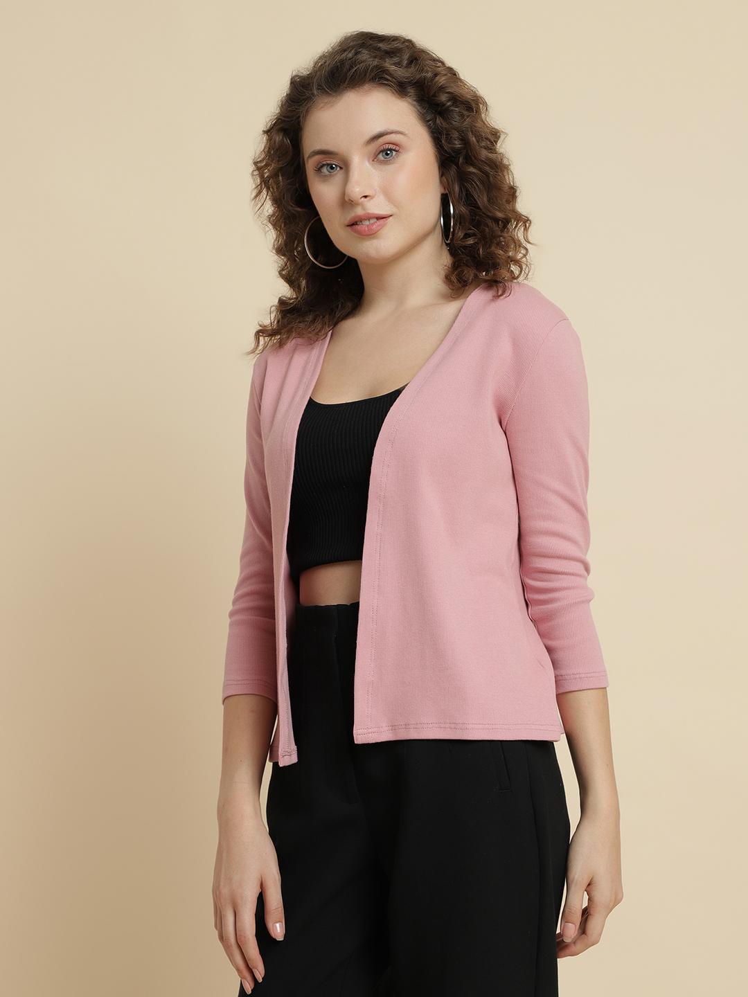 Women's Ribbed Open-Front Shrug – Dusty Pink