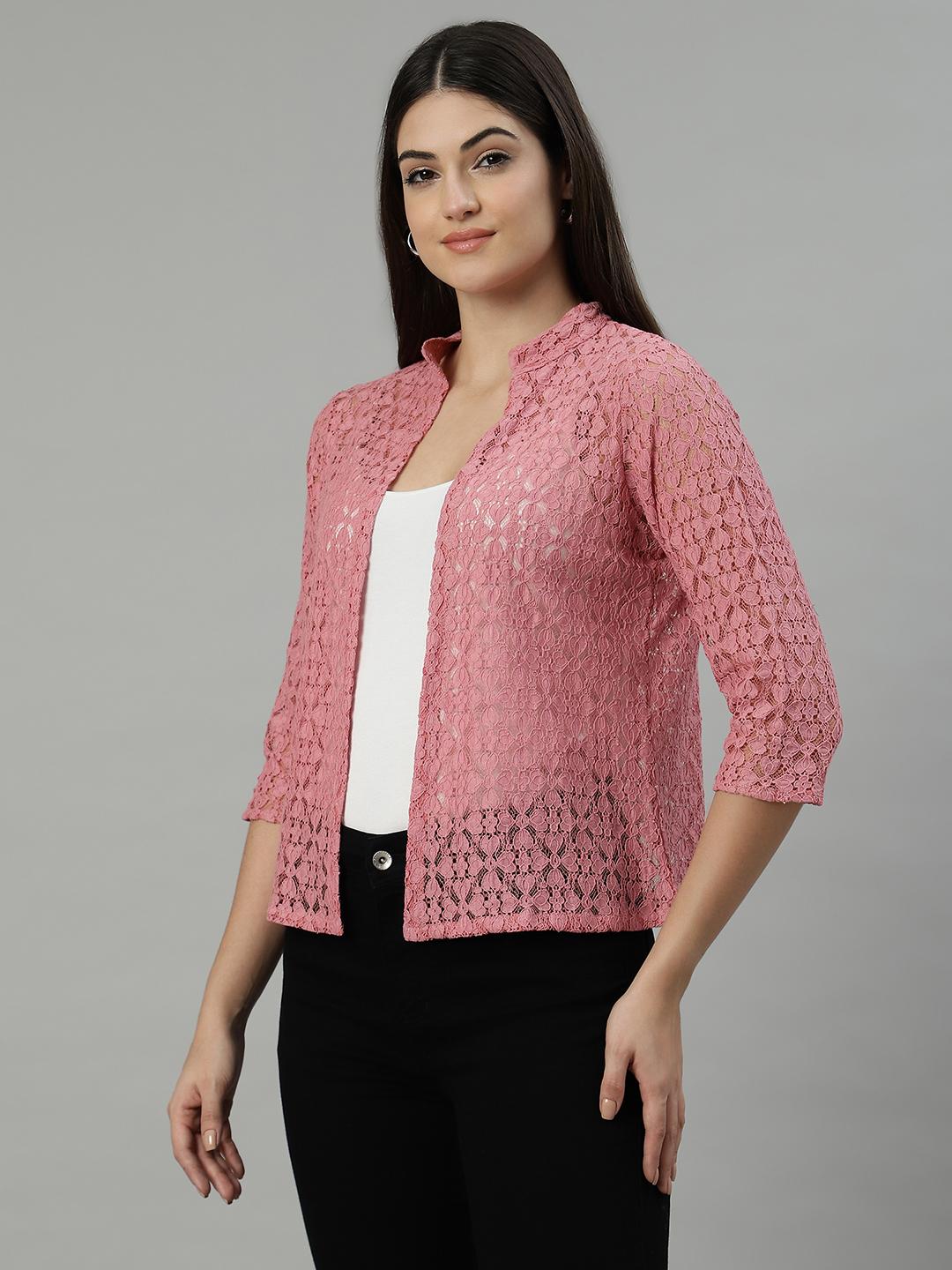 Unaone Women's Dusty Pink Floral Lace Open-Front Shrug