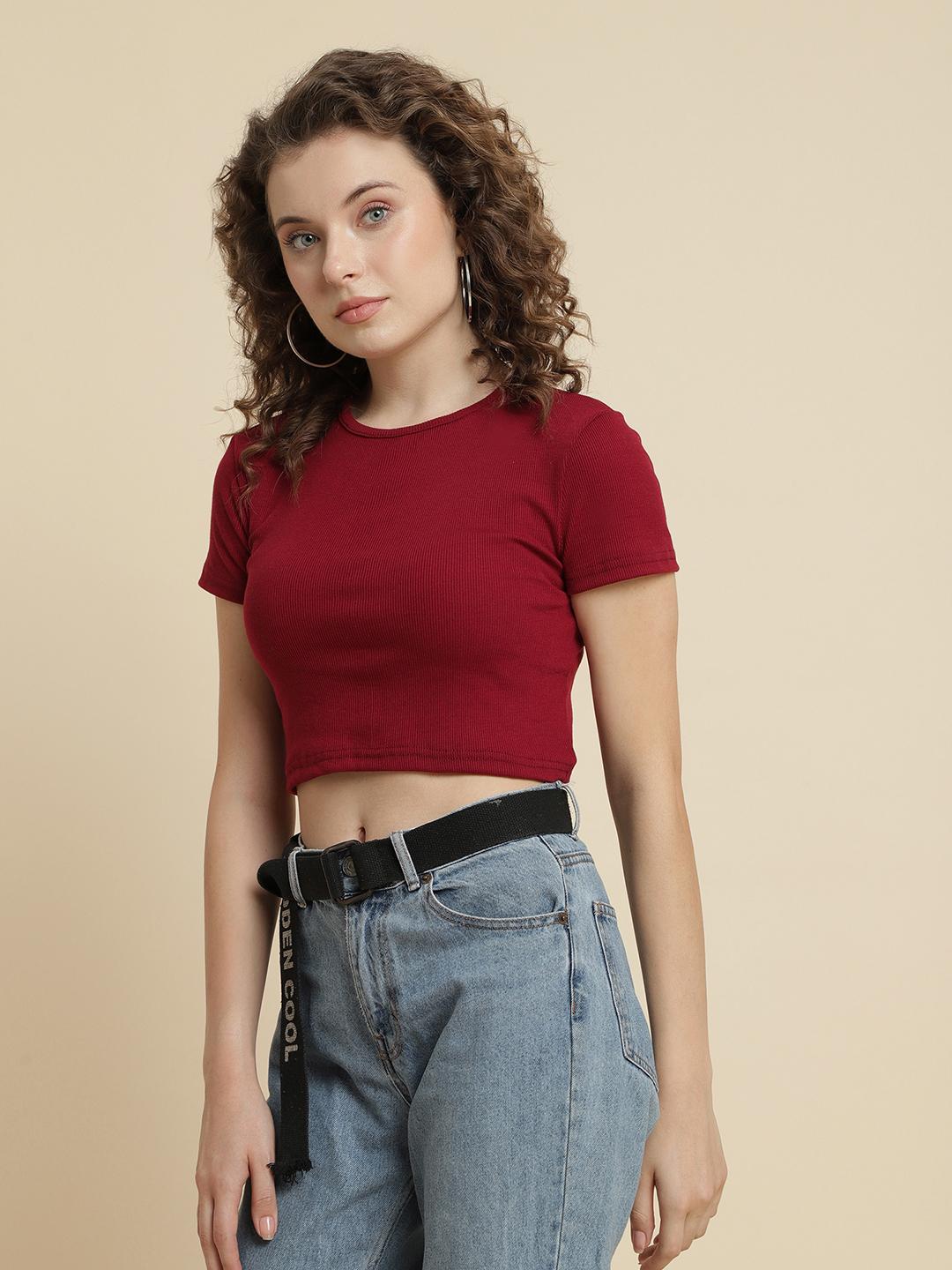Women's Maroon Ribbed Crop Top