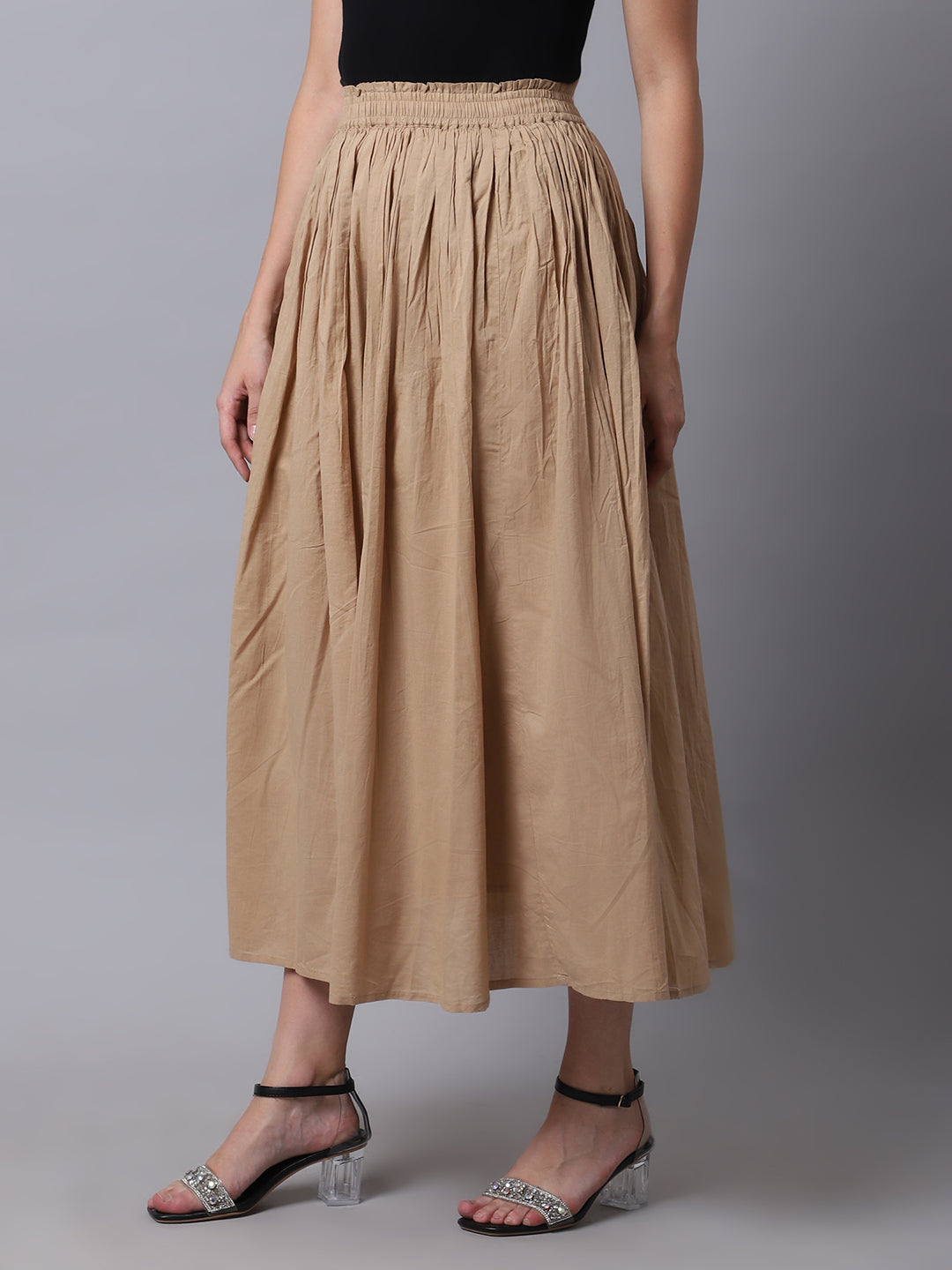 Unaone Women Beige Solid Flared Maxi Skirts With Lining
