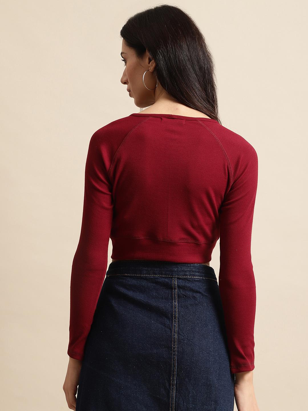 Ribbed Crop Top – Maroon | Long Sleeve