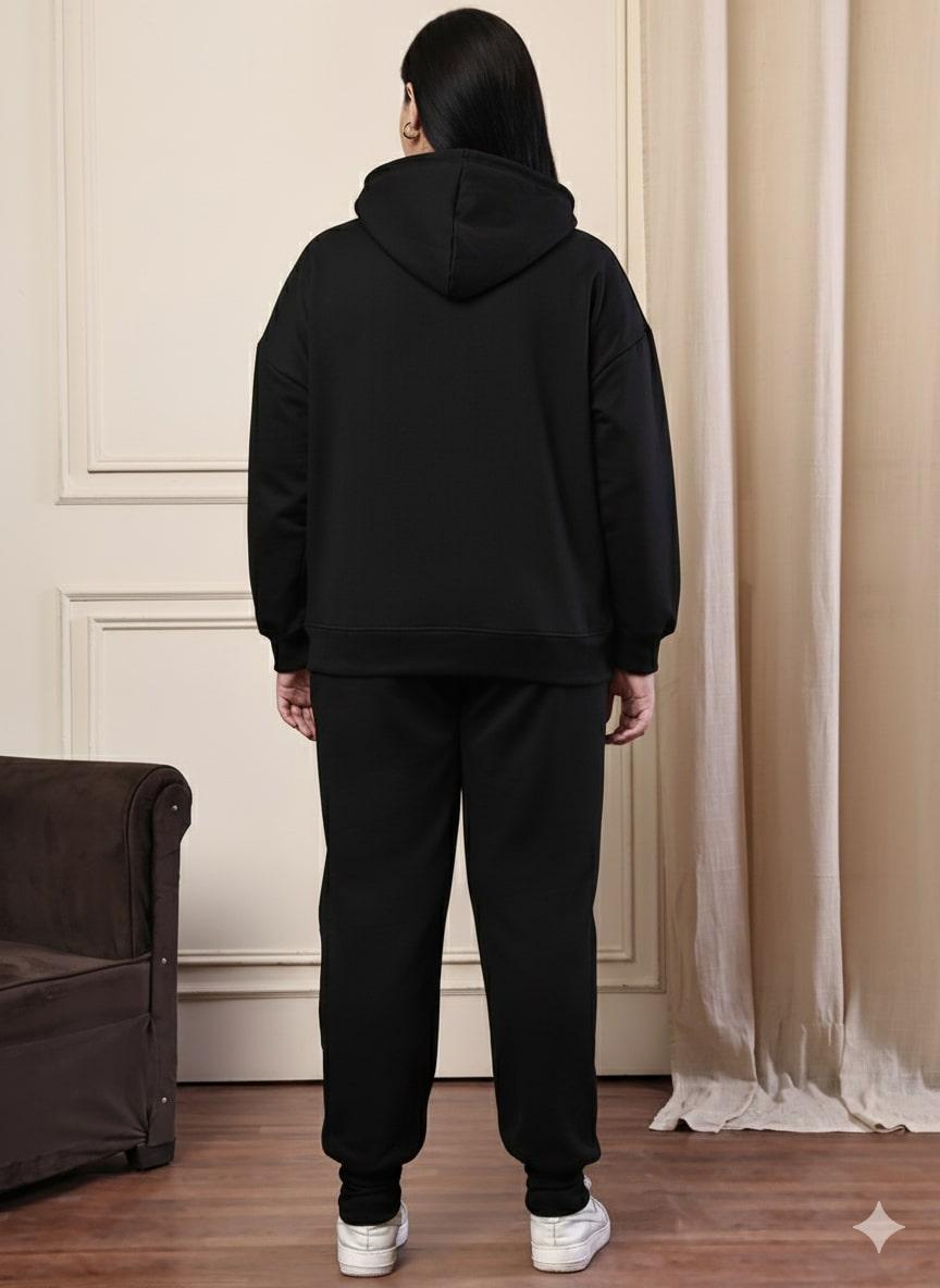 Women's Hoodie & Jogger Tracksuit Set – Black Cotton Fleece