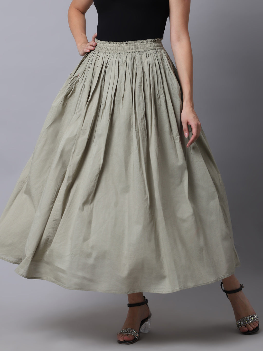 Unaone Women Beige Solid Flared Maxi Skirts With Lining