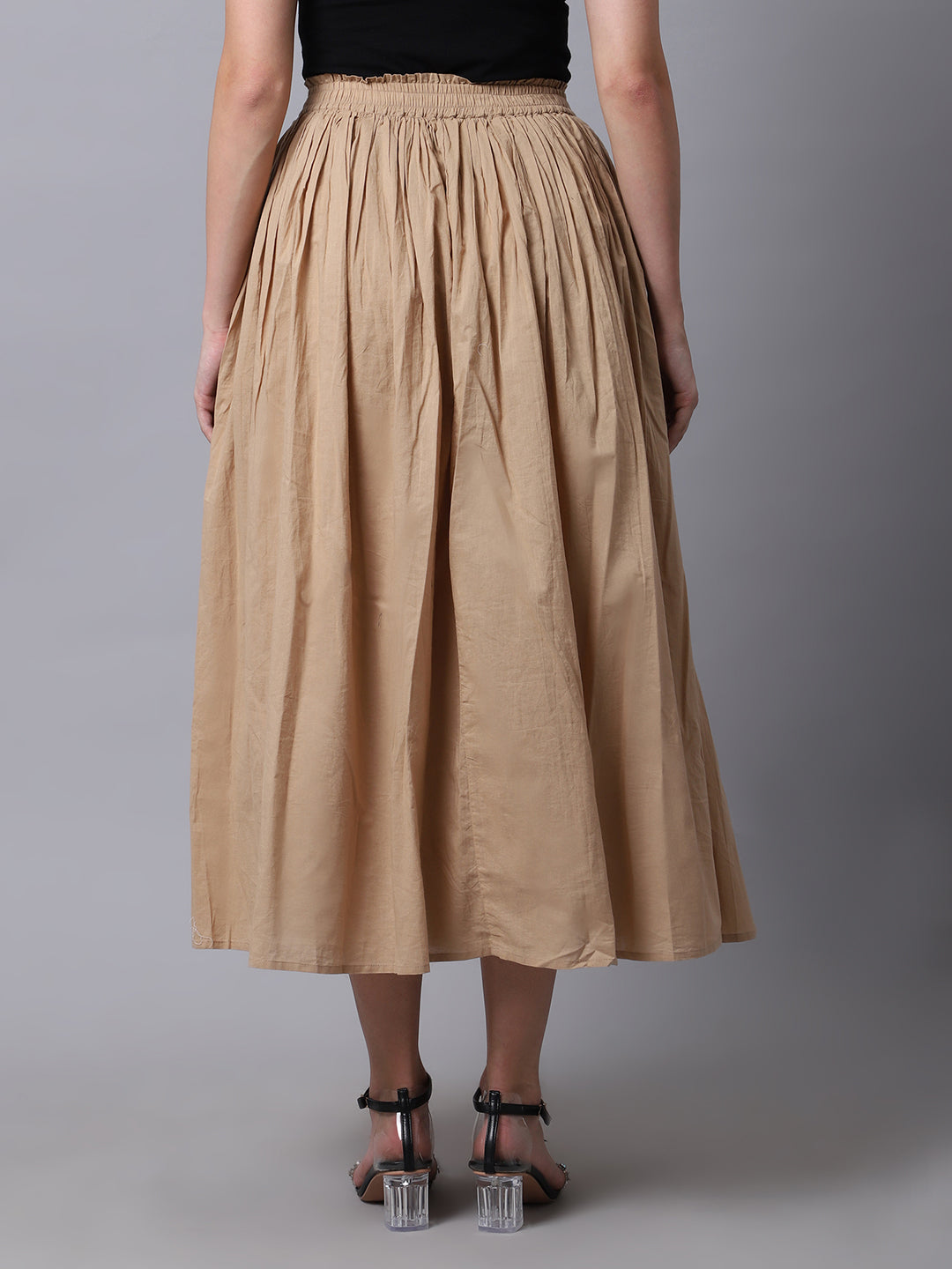 Unaone Women Beige Solid Flared Maxi Skirts With Lining