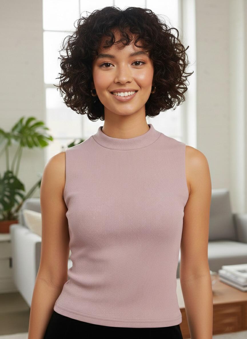 Woman wearing a sleeveless pink top in a living room setting