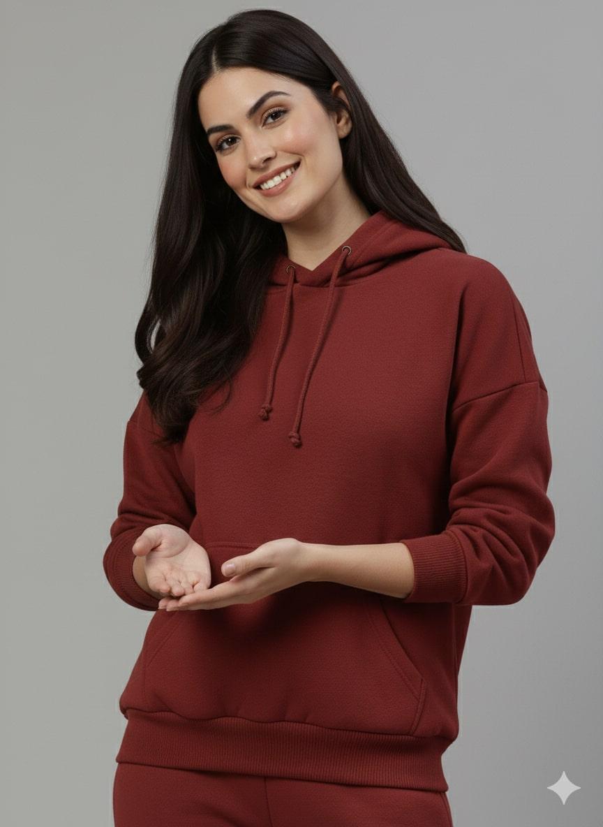 Women's Maroon Cotton Fleece Hoodie