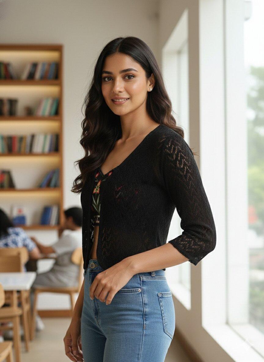 Unaone Black Crochet Shrug – Open-Front Knit Layer