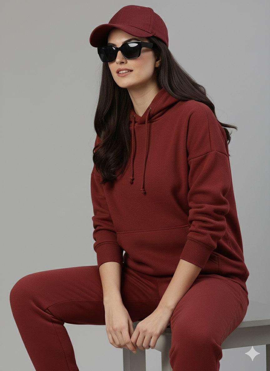Women's Maroon Cotton Fleece Hoodie