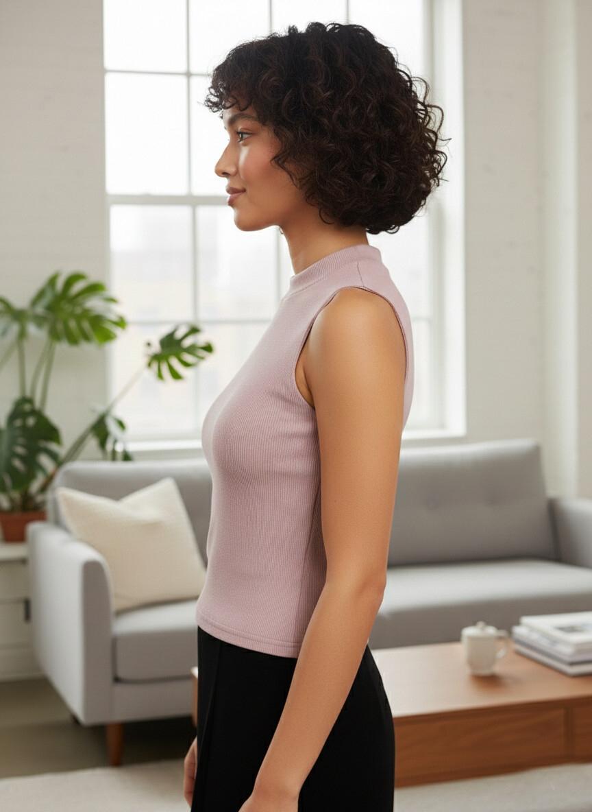 Ribbed Mock Neck Sleeveless Top – Dusty Mauve