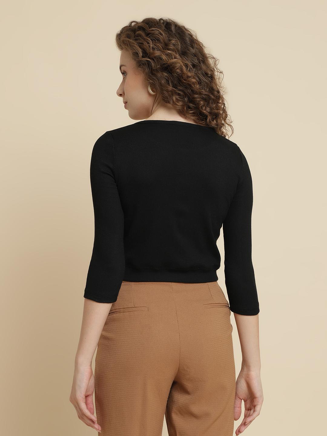 Black Ribbed Crop Top – 3/4 Sleeve