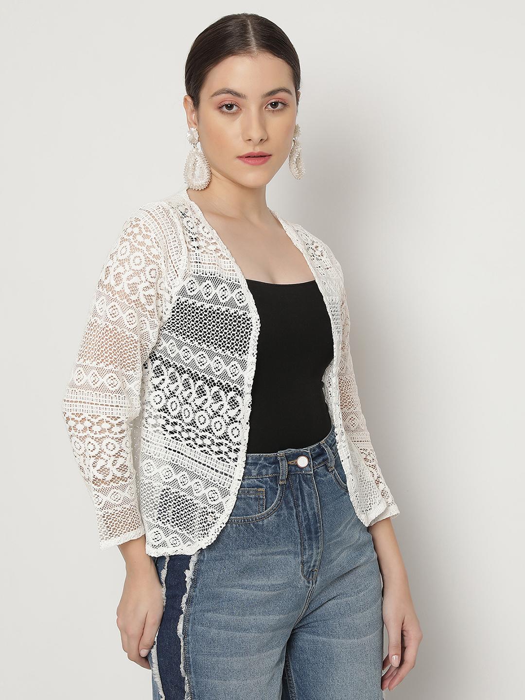 Unaone Women's White Crochet Lace Open-Front Shrug