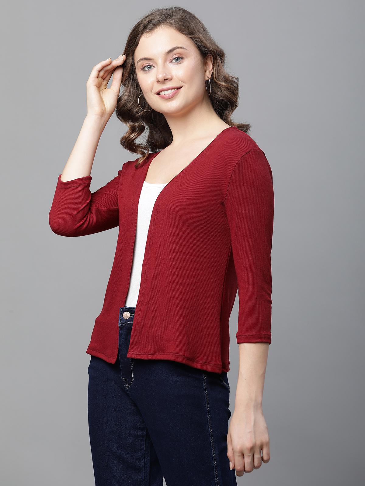 Women's Ribbed Open-Front Shrug – Maroon