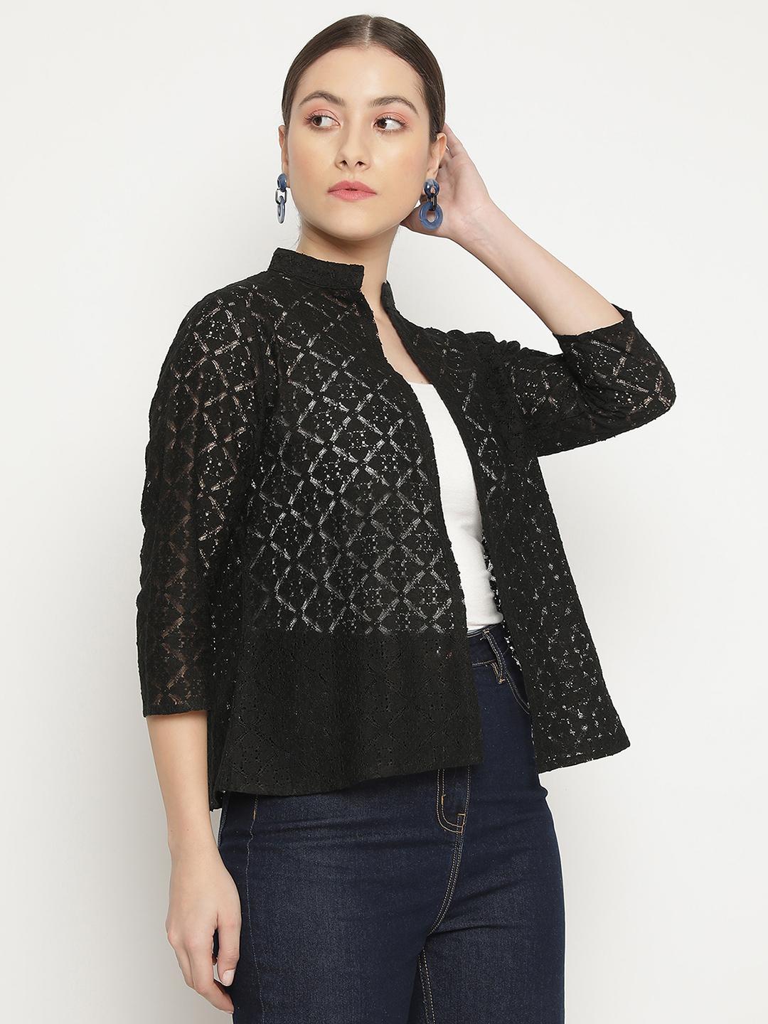 Women's Black Lace Shrug – Open-Front Overlay Coller