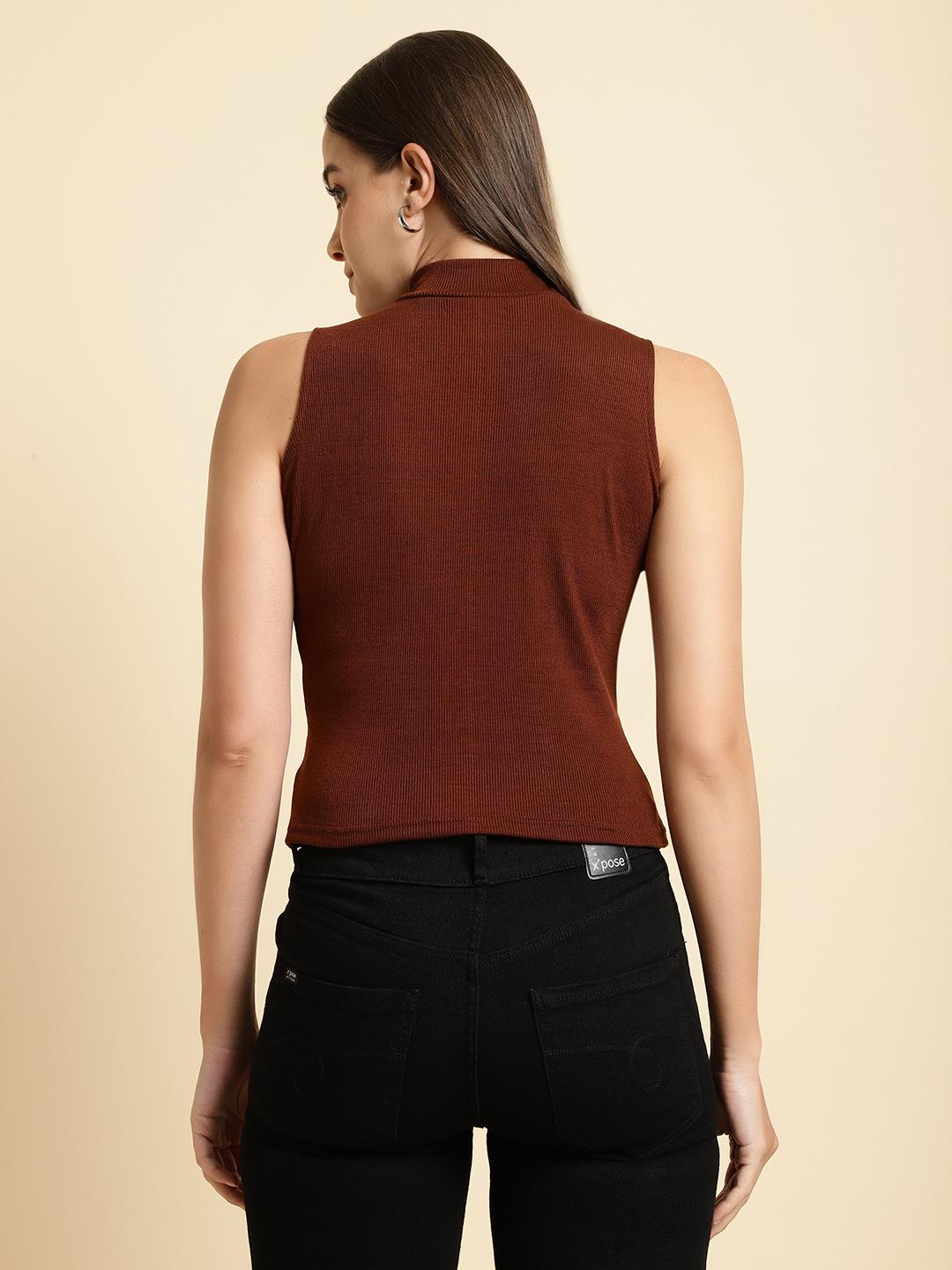 Ribbed coffee Mock Neck Top