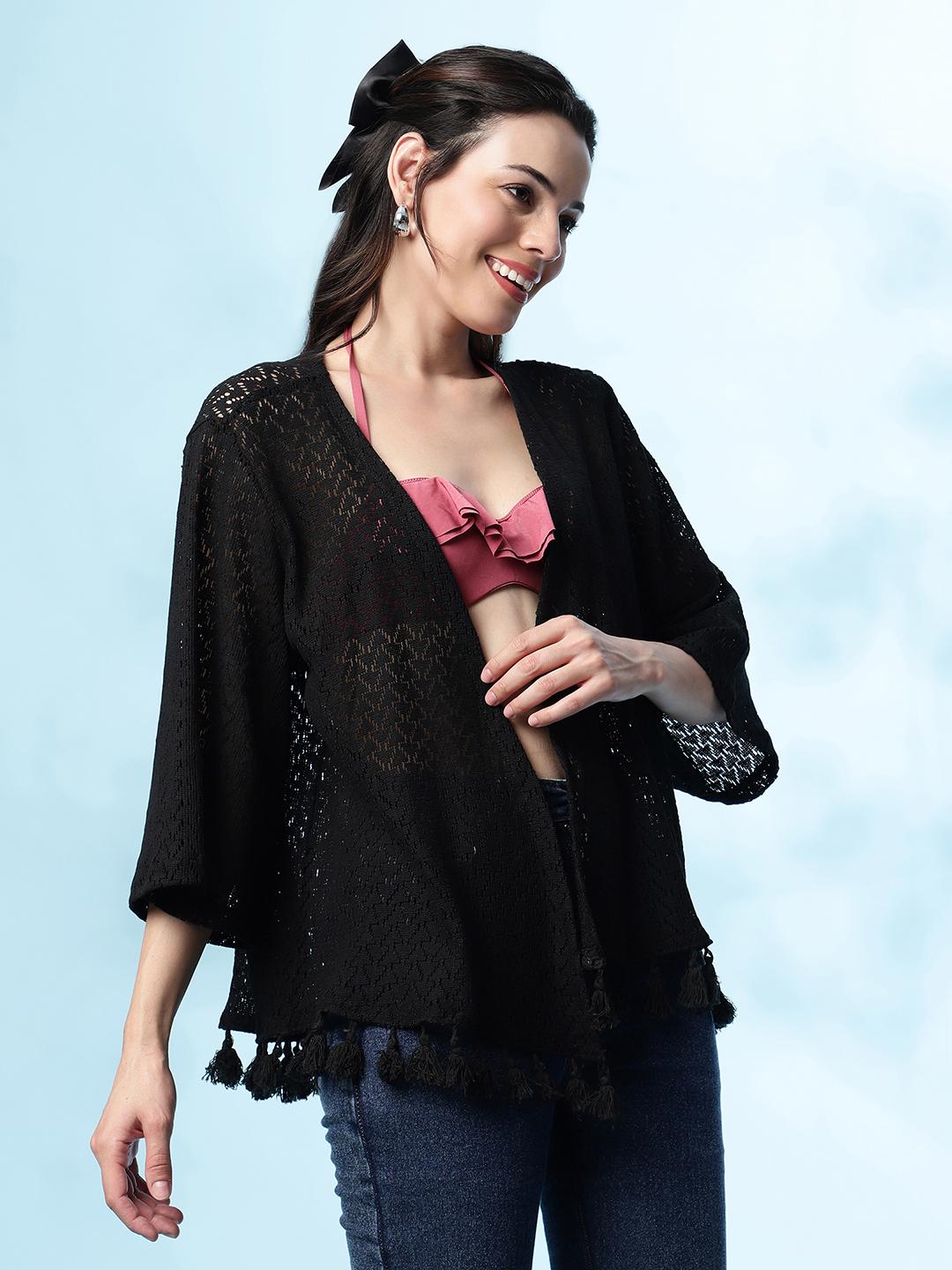 Black Crochet Tassel Shrug