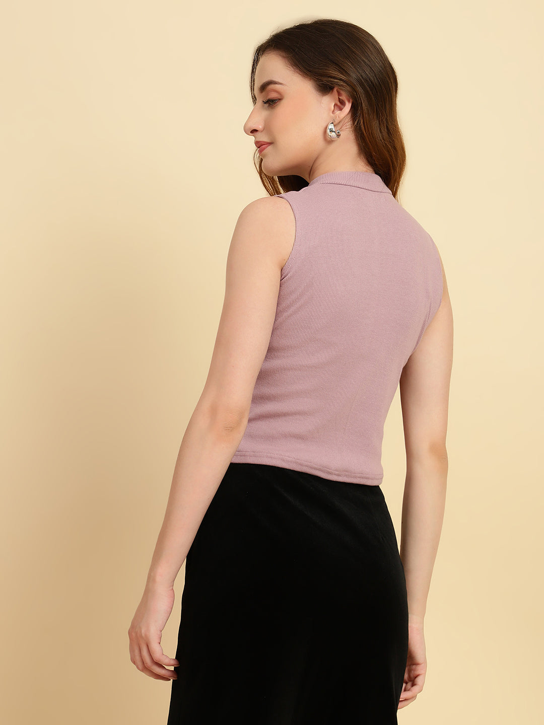 Unaone Women Purple Cotton Ribbed Sleeveless High Neck Fitted Top